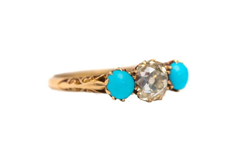 1.2 Carat Victorian Old Mine Cushion Cut and Turquoise Ring, circa 1880s In Good Condition In Addison, TX