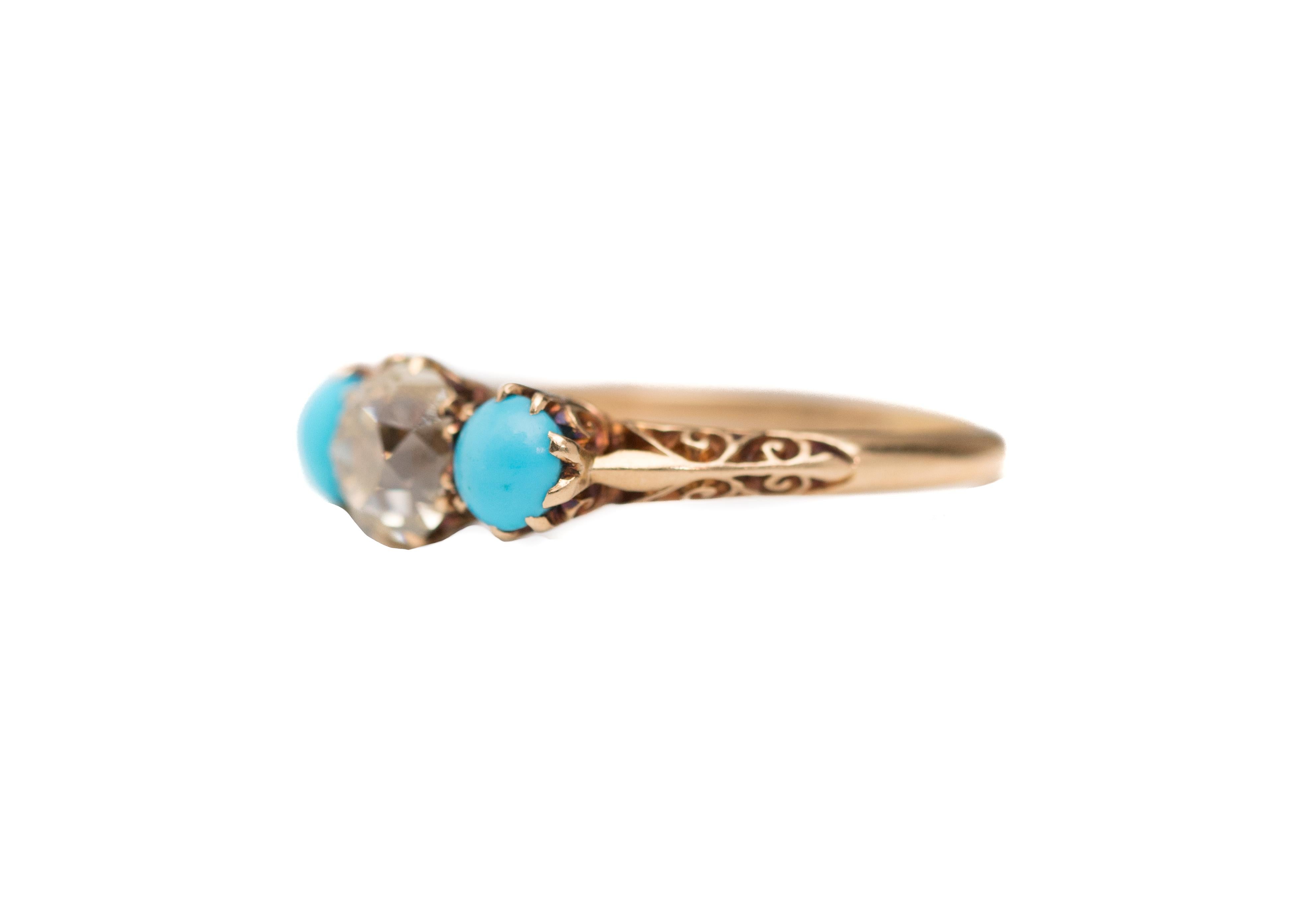 1.2 Carat Victorian Old Mine Cushion Cut and Turquoise Ring, circa 1880s 1