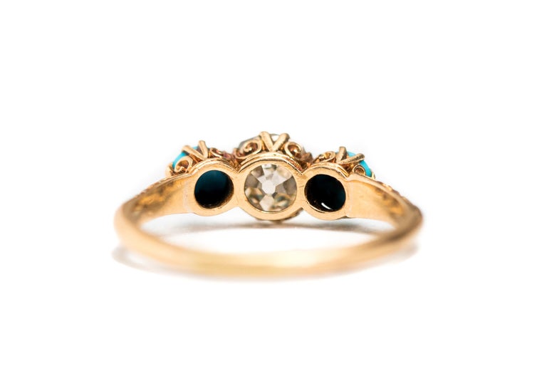 1.2 Carat Victorian Old Mine Cushion Cut and Turquoise Ring, circa 1880s 2