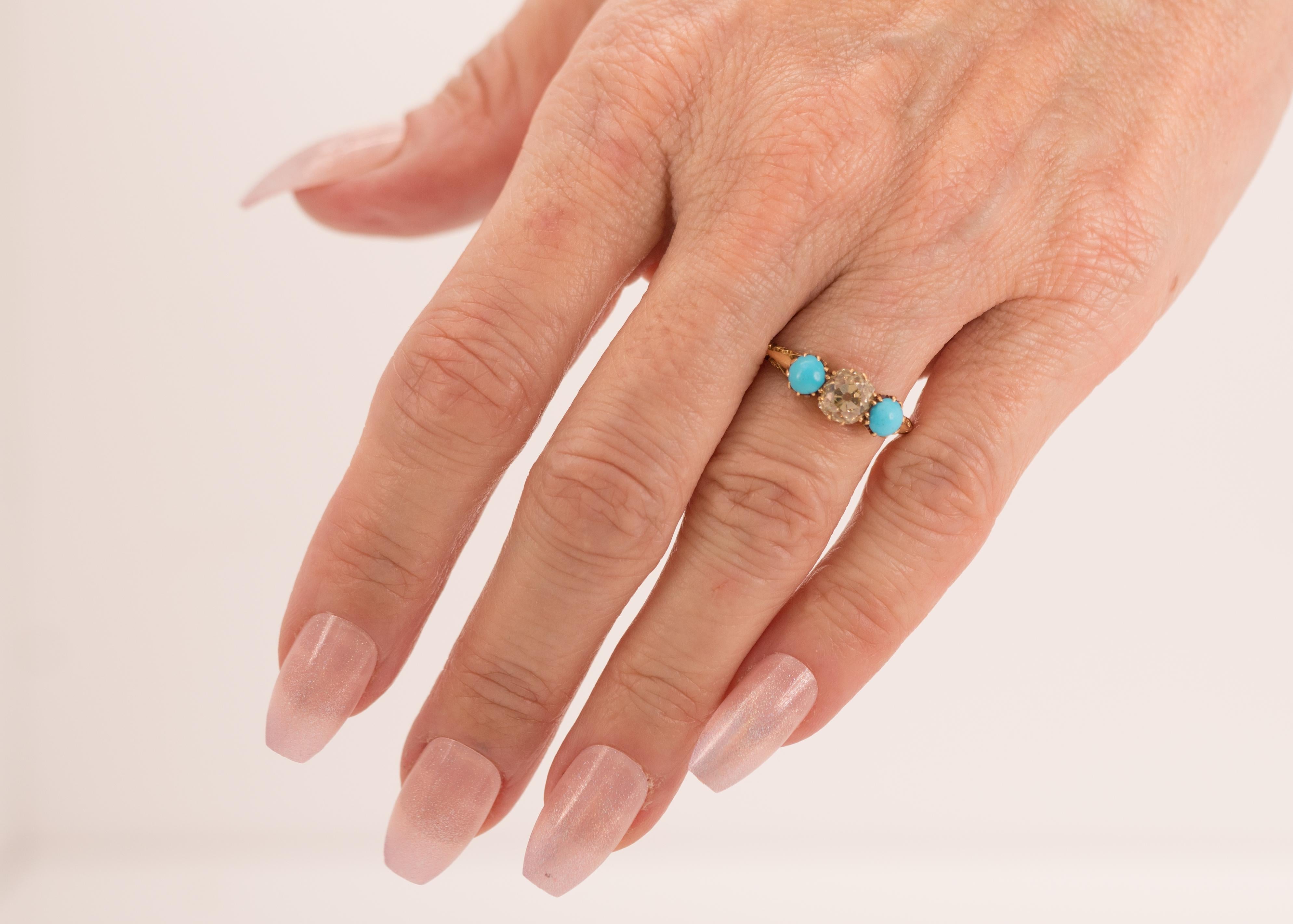 1.2 Carat Victorian Old Mine Cushion Cut and Turquoise Ring, circa 1880s 3