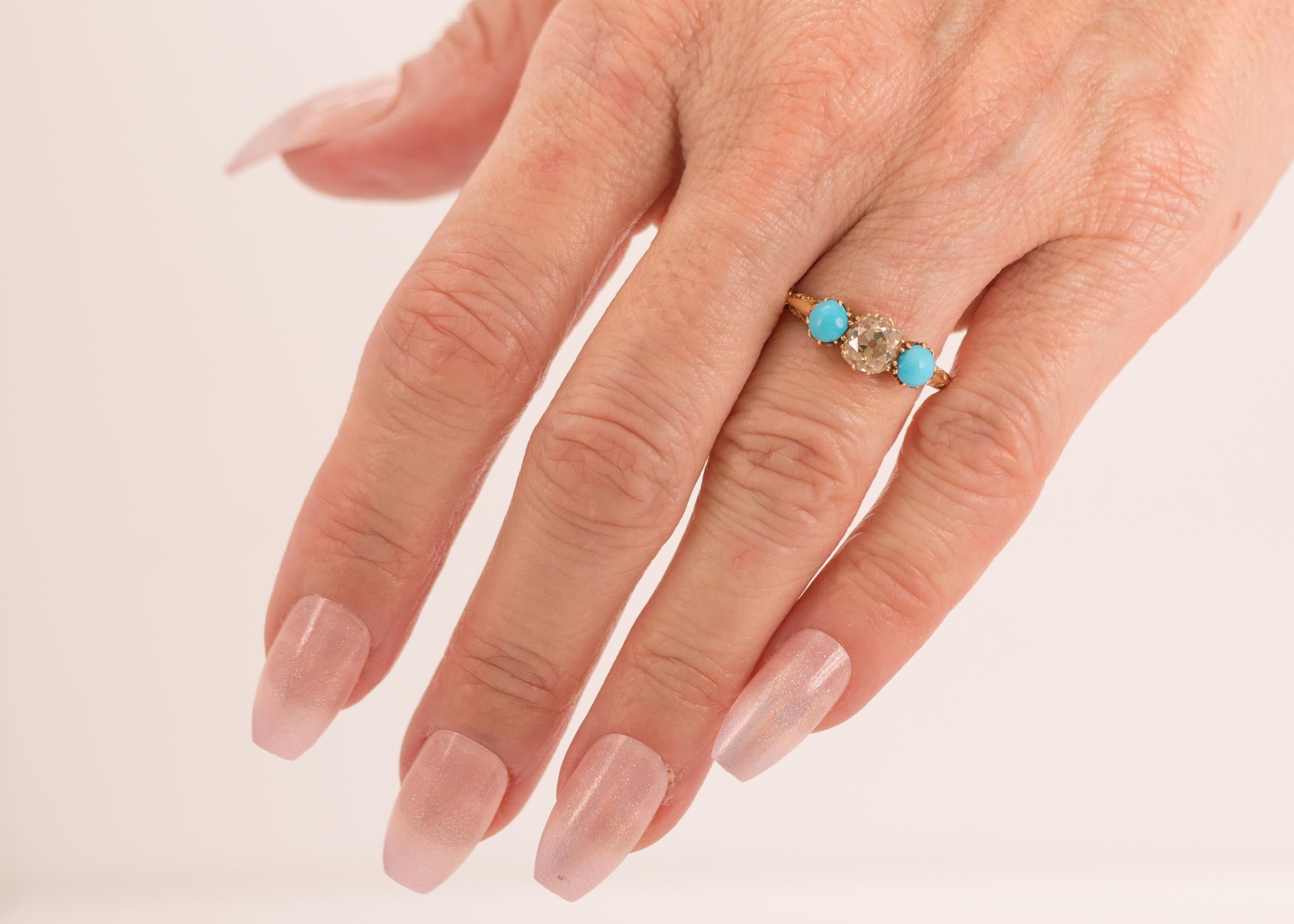 1.2 Carat Victorian Old Mine Cushion Cut and Turquoise Ring, circa 1880s 4