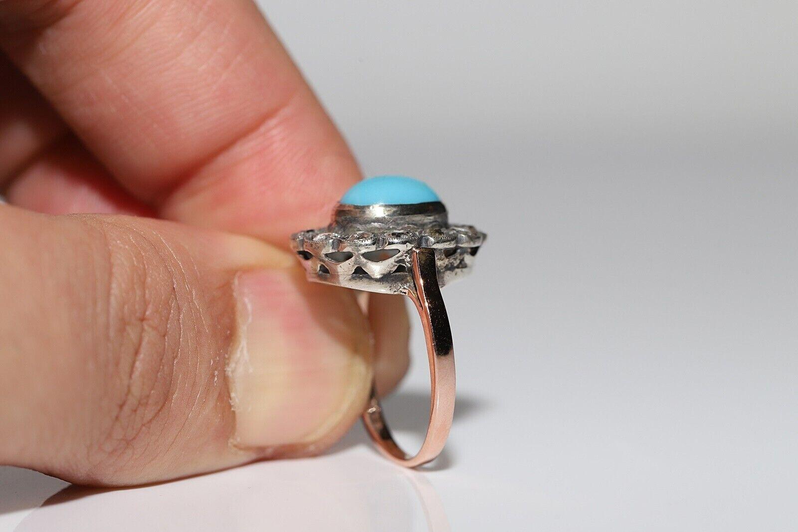 Circa 1880s 14k Gold Silver Top Silver Natural Diamond And Turquoise Ring For Sale 4