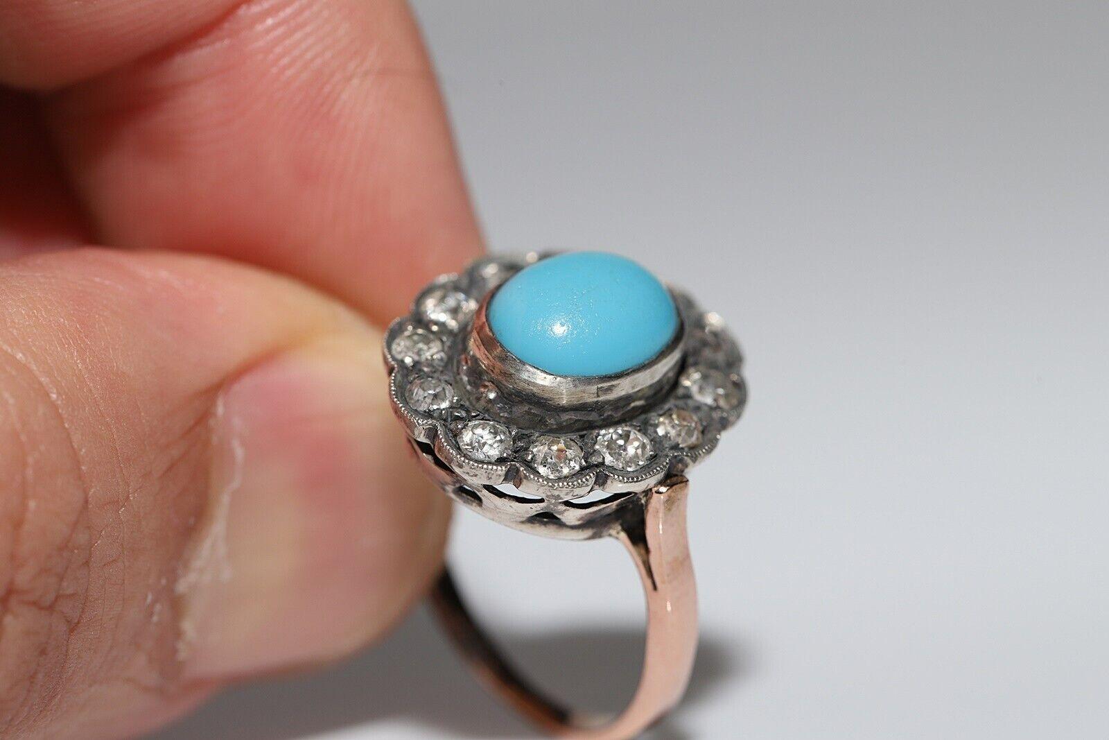 Circa 1880s 14k Gold Silver Top Silver Natural Diamond And Turquoise Ring For Sale 5