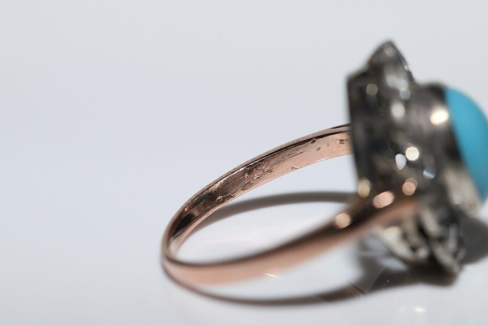 Circa 1880s 14k Gold Silver Top Silver Natural Diamond And Turquoise Ring For Sale 6