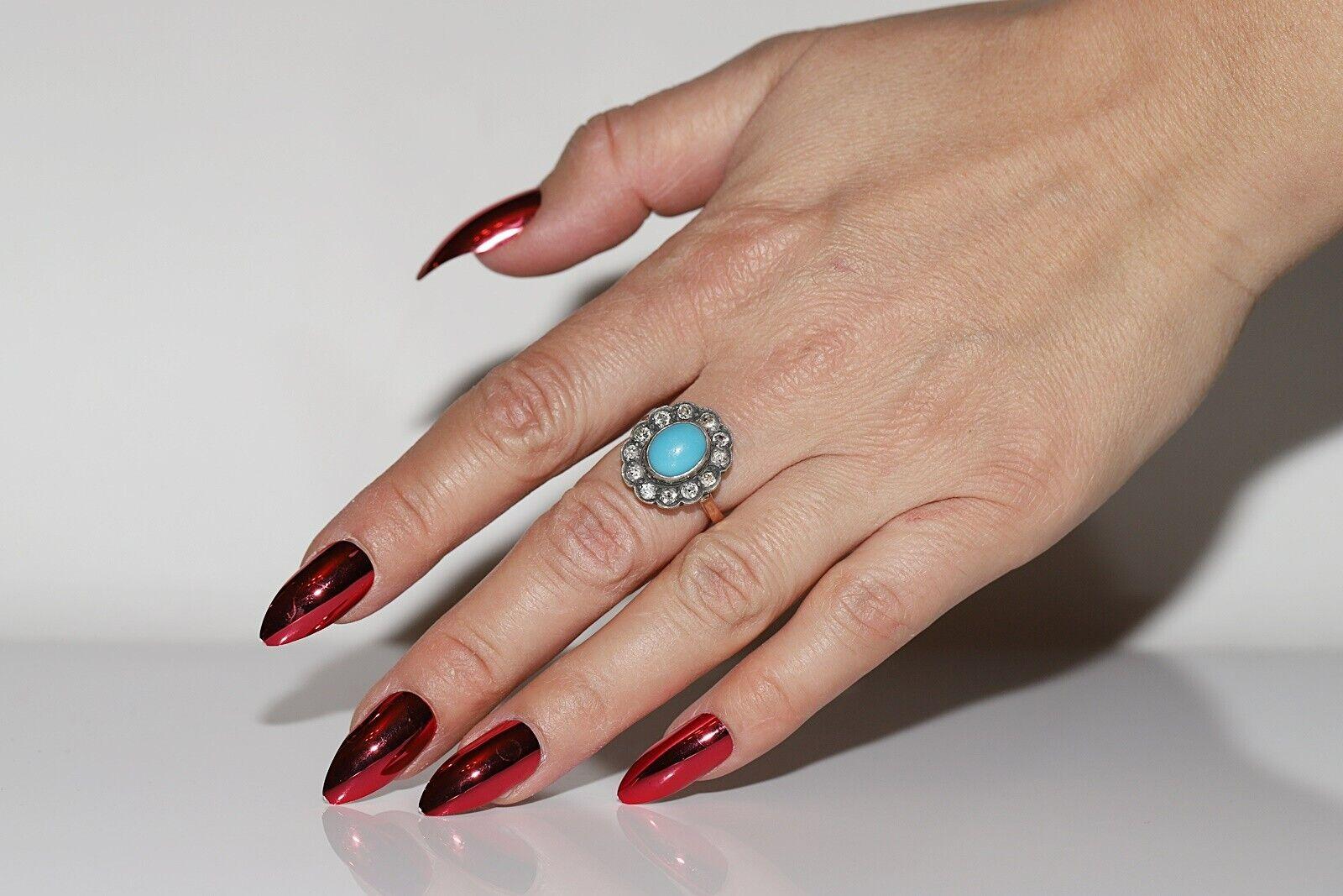 Circa 1880s 14k Gold Silver Top Silver Natural Diamond And Turquoise Ring For Sale 7