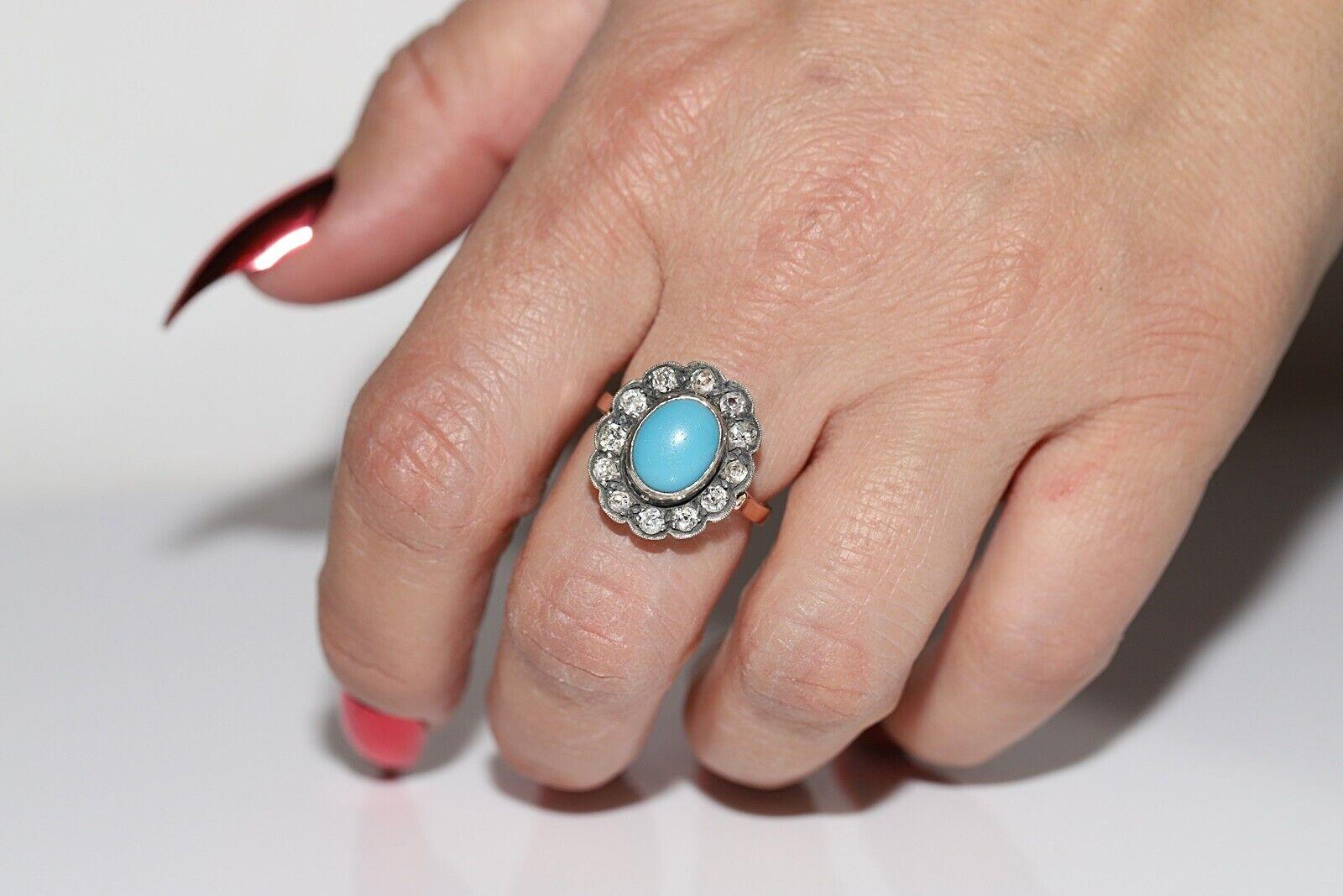 Circa 1880s 14k Gold Silver Top Silver Natural Diamond And Turquoise Ring For Sale 8
