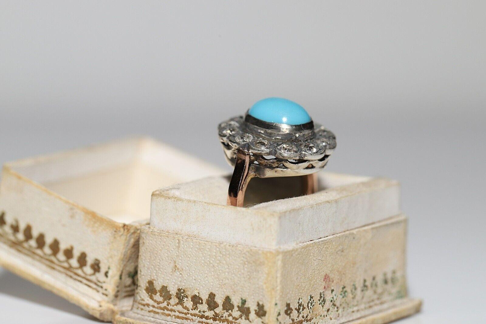 Victorian Circa 1880s 14k Gold Silver Top Silver Natural Diamond And Turquoise Ring For Sale
