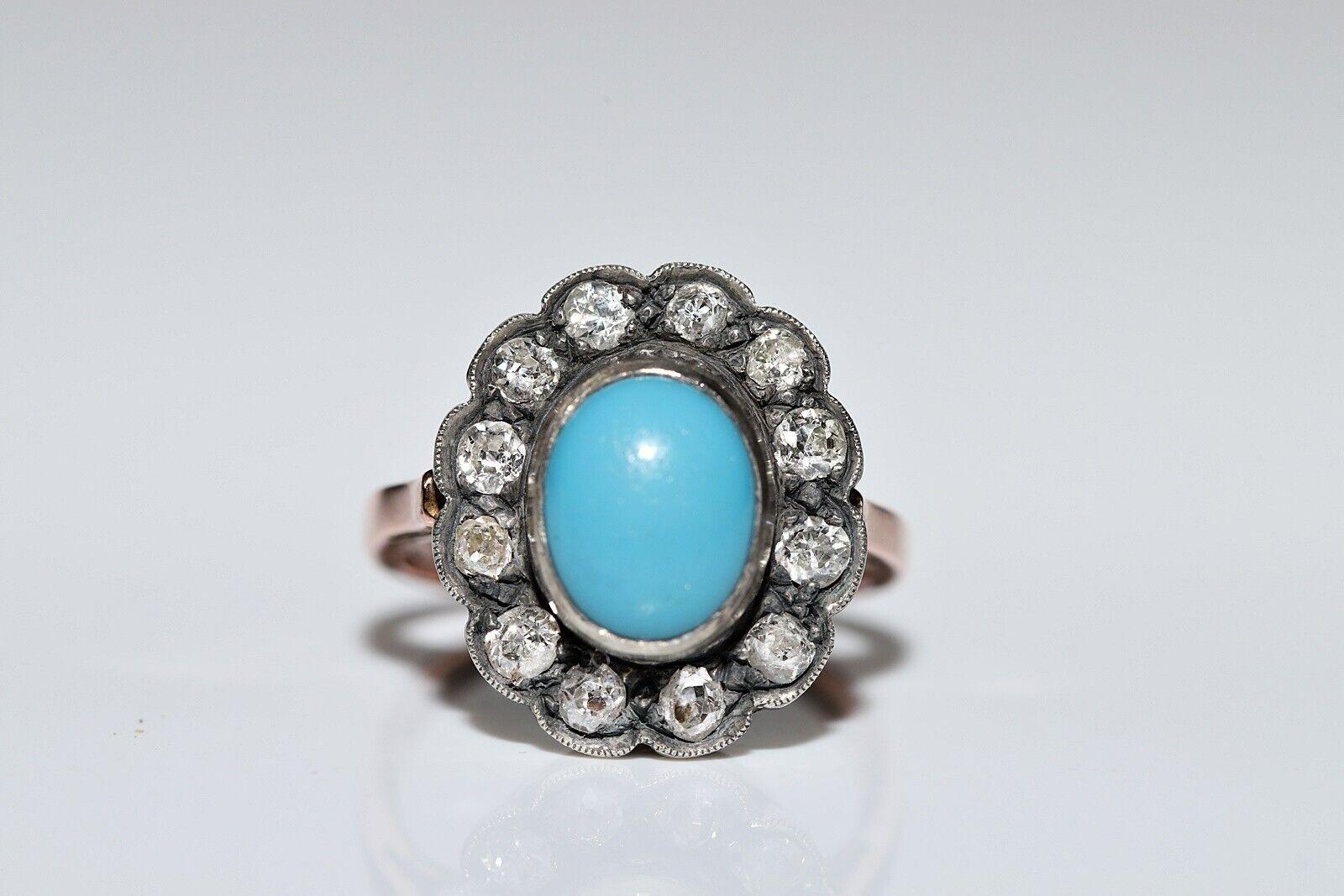 Old Mine Cut Circa 1880s 14k Gold Silver Top Silver Natural Diamond And Turquoise Ring For Sale