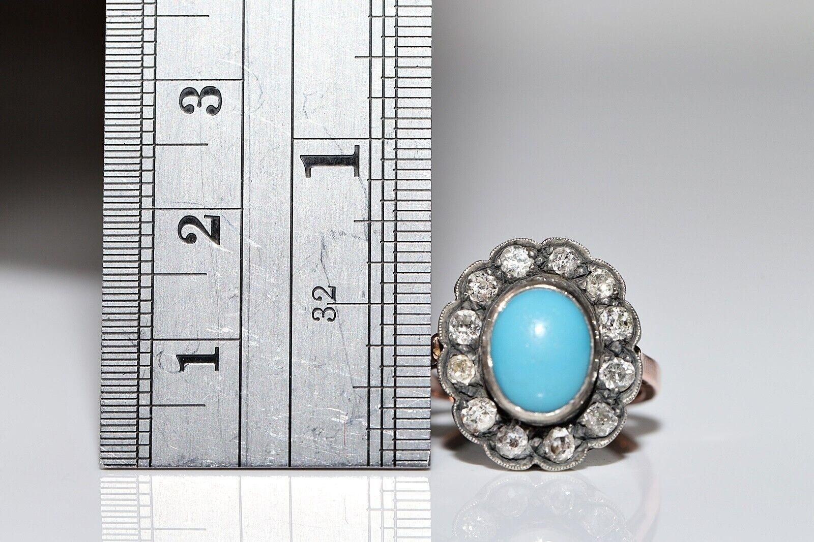 Circa 1880s 14k Gold Silver Top Silver Natural Diamond And Turquoise Ring In Good Condition For Sale In Fatih/İstanbul, 34