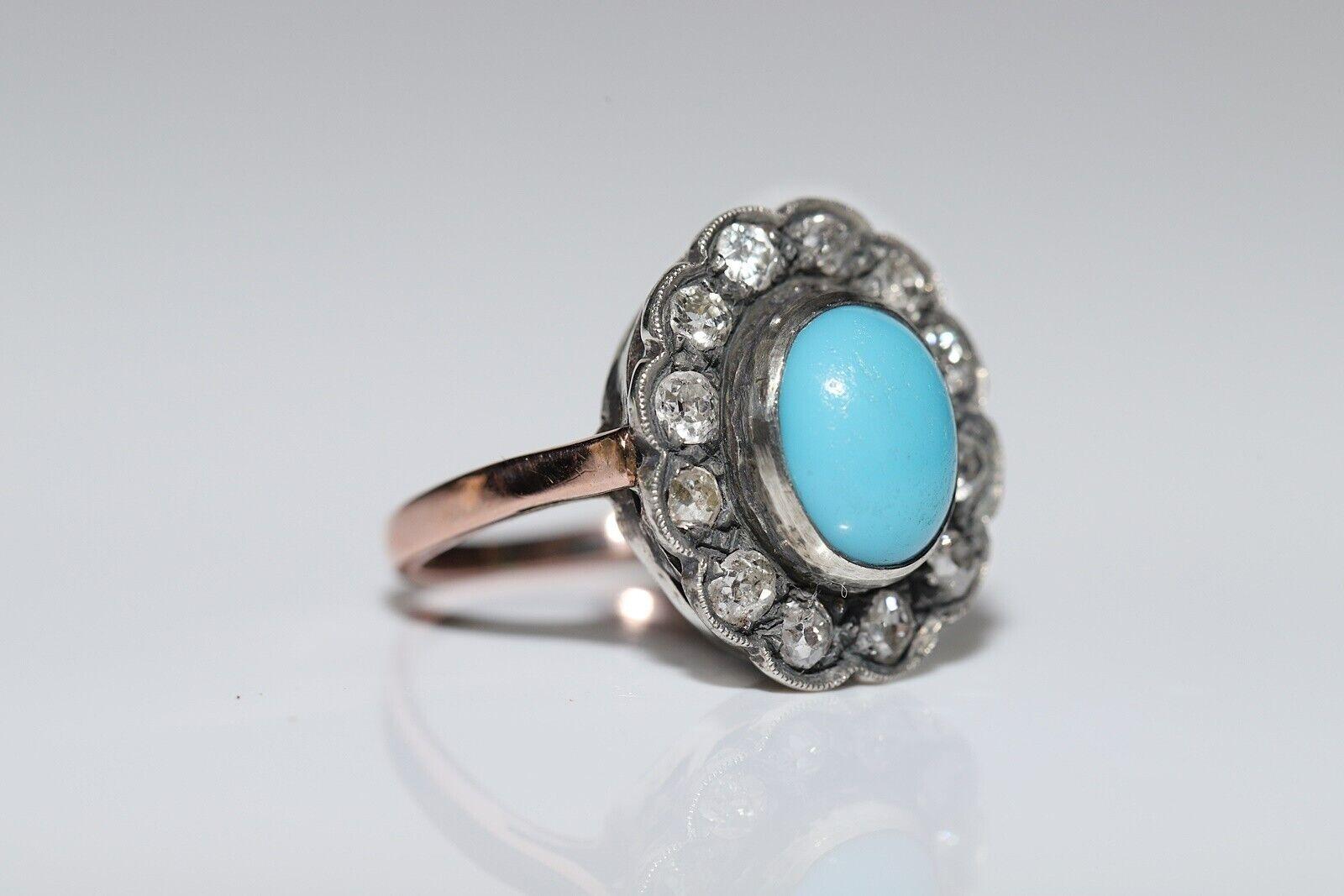 Circa 1880s 14k Gold Silver Top Silver Natural Diamond And Turquoise Ring For Sale 1