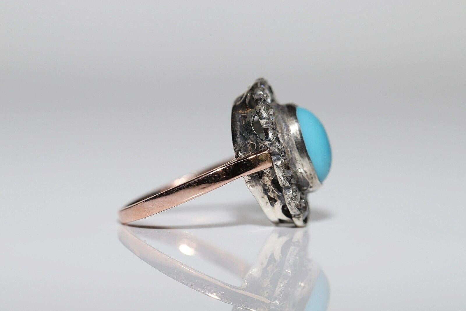 Circa 1880s 14k Gold Silver Top Silver Natural Diamond And Turquoise Ring For Sale 2