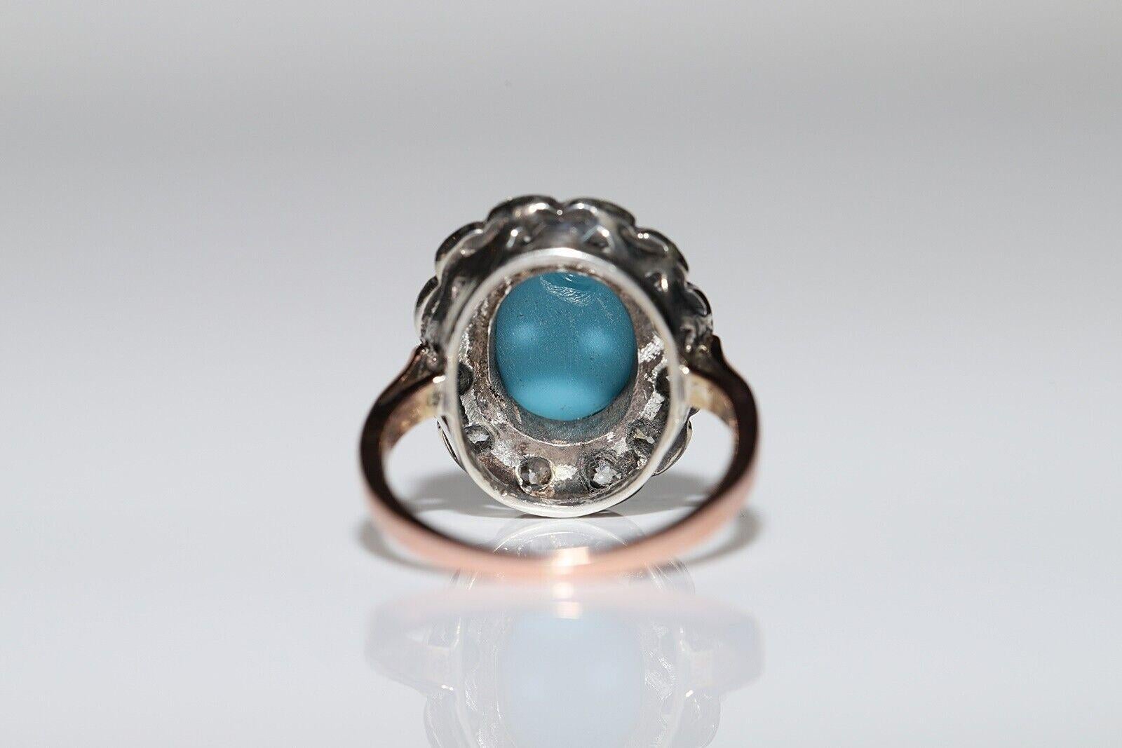 Circa 1880s 14k Gold Silver Top Silver Natural Diamond And Turquoise Ring For Sale 3