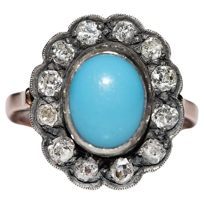 Circa 1880s 14k Gold Silver Top Silver Natural Diamond And Turquoise Ring