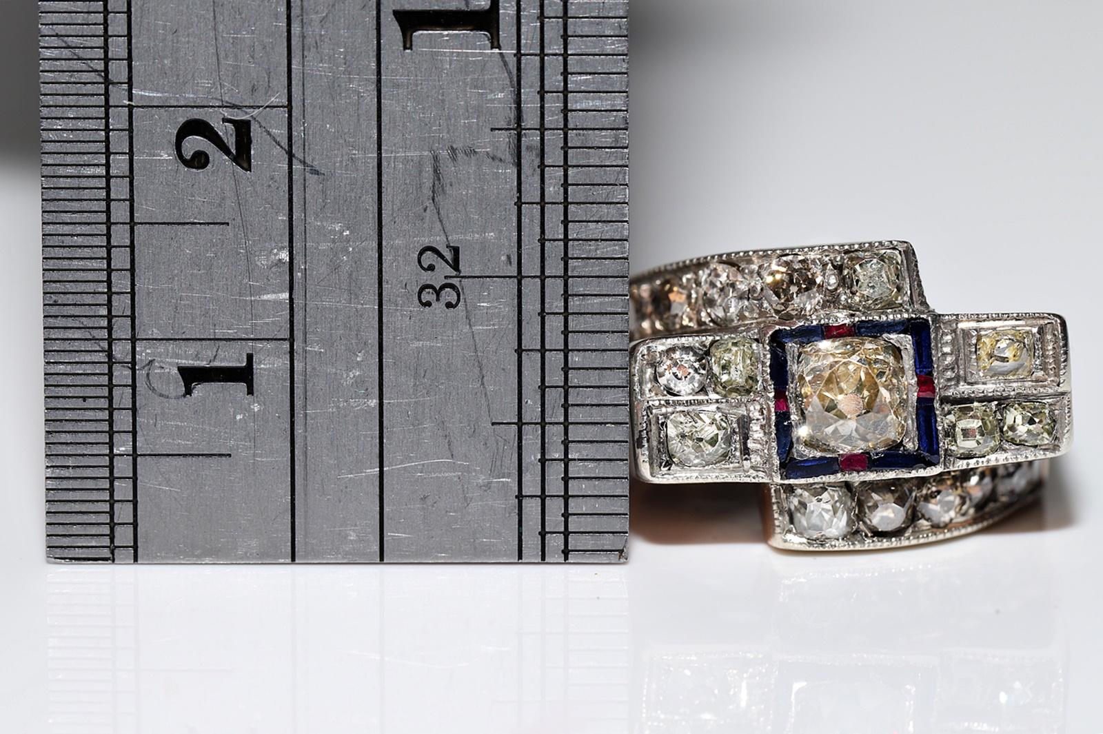 Circa 1880er Jahre 14k Gold Top Silber Natürlicher Altschliff Diamant und Saphir Rubin Ring im Angebot 5