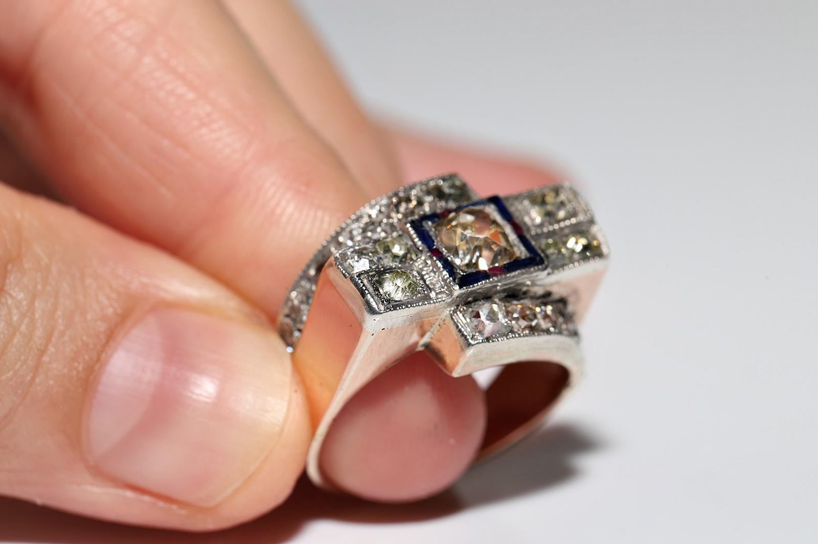 Circa 1880er Jahre 14k Gold Top Silber Natürlicher Altschliff Diamant und Saphir Rubin Ring im Angebot 8