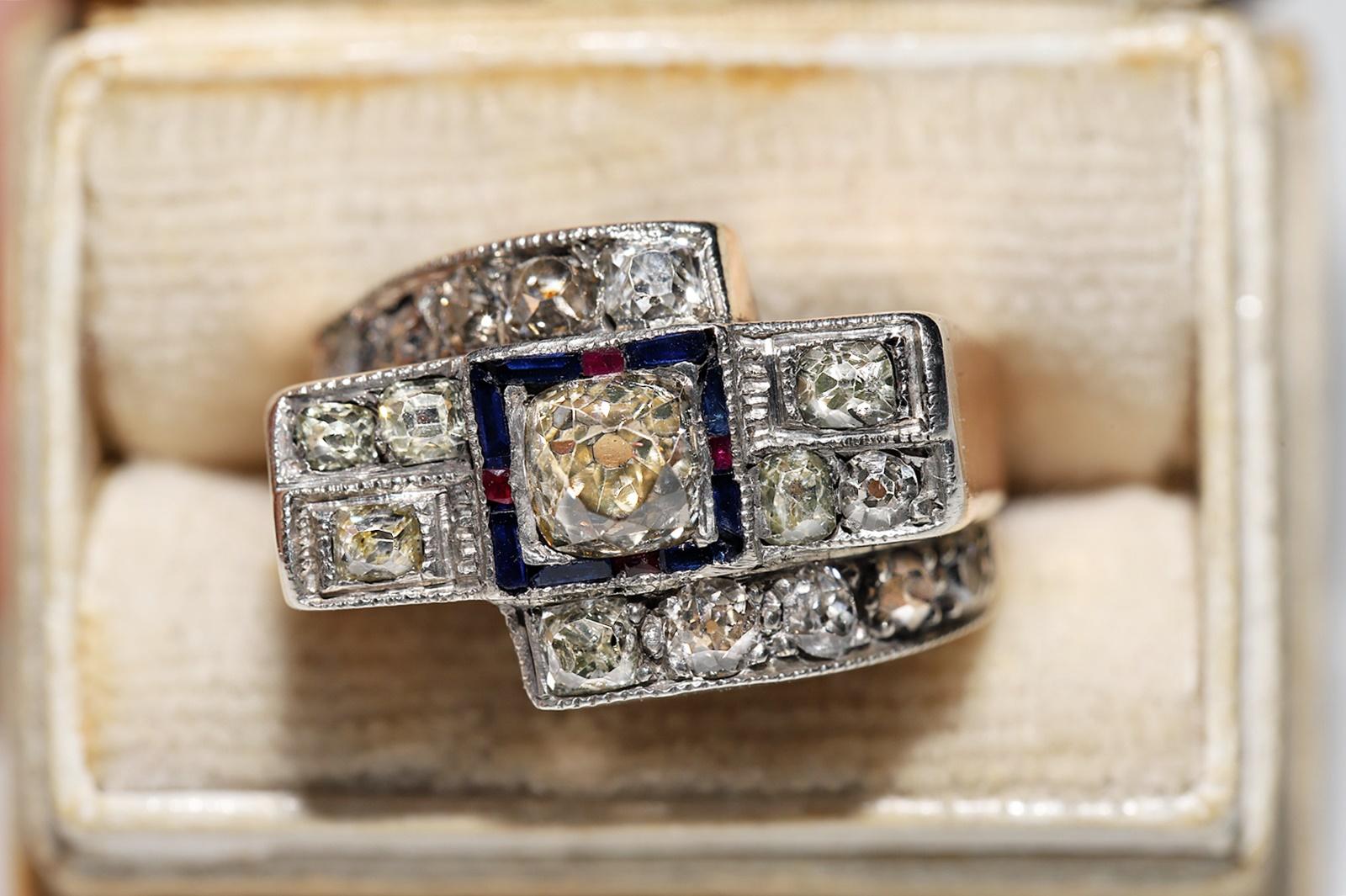 Bague en or 14 carats avec diamants naturels taille ancienne et saphirs et rubis, datant des années 1880 Bon état - En vente à Fatih/İstanbul, 34