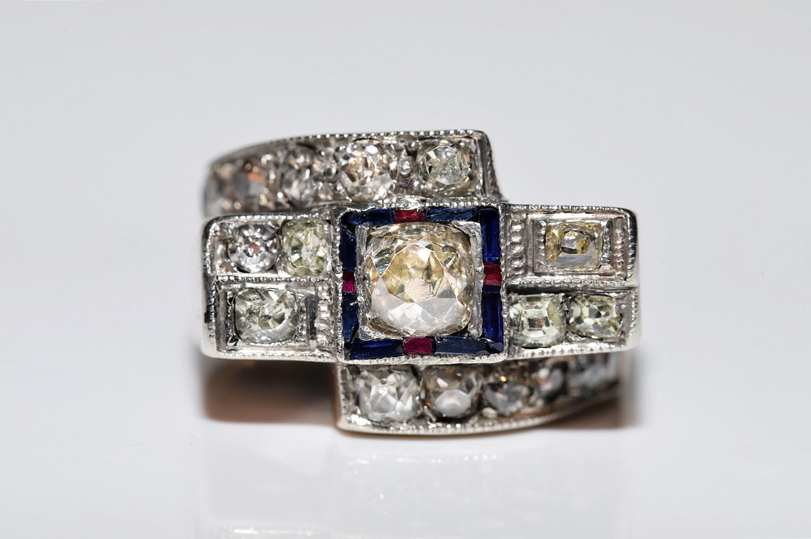 Circa 1880er Jahre 14k Gold Top Silber Natürlicher Altschliff Diamant und Saphir Rubin Ring Damen im Angebot