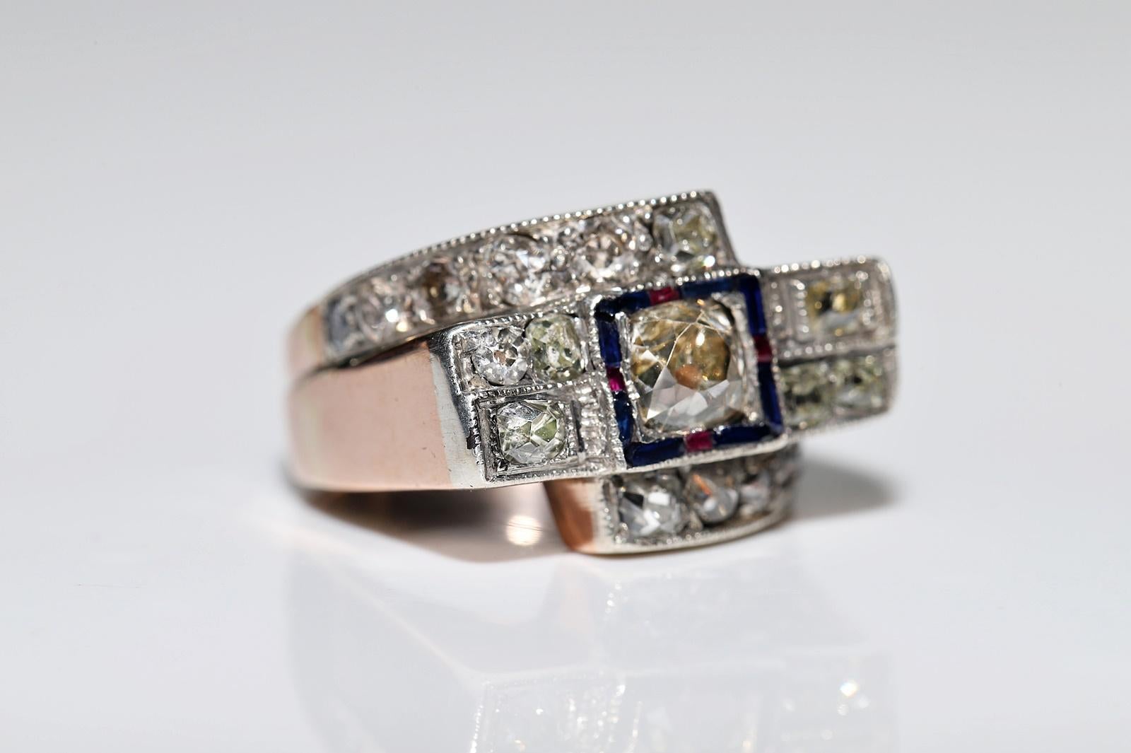 Bague en or 14 carats avec diamants naturels taille ancienne et saphirs et rubis, datant des années 1880 en vente 1