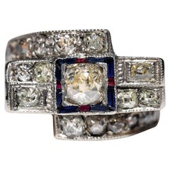 Circa 1880s 14k Gold Top Silver Natural Old Cut Diamond And Sapphire Ruby Ring