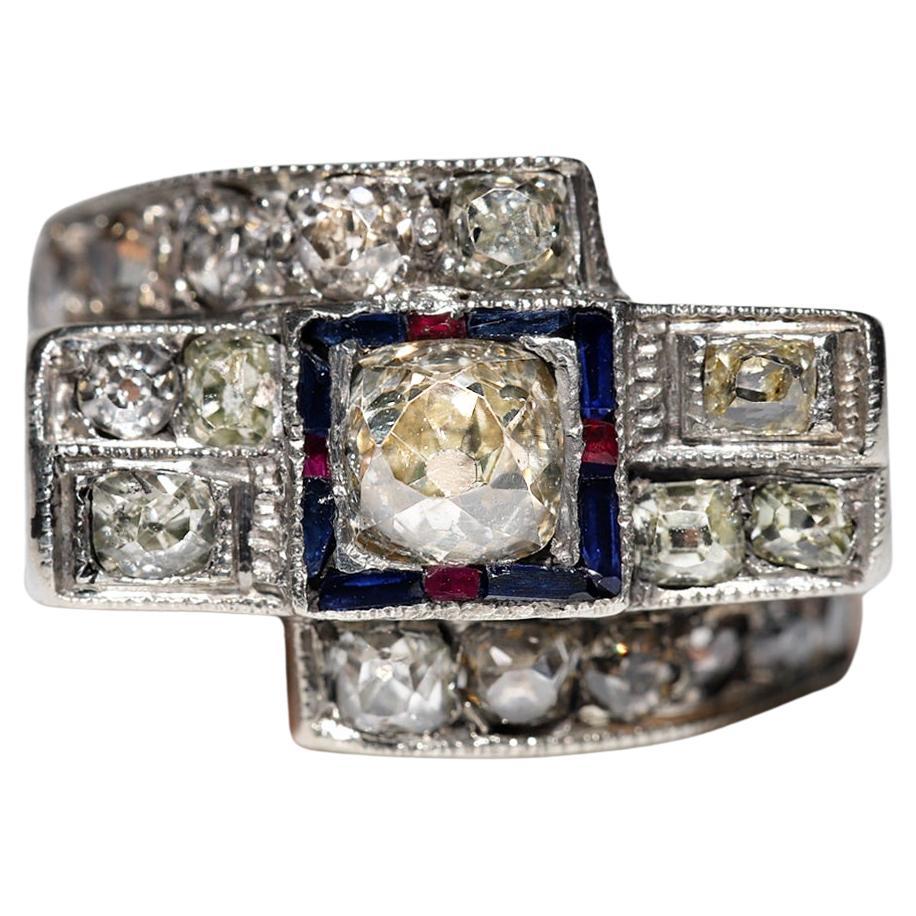 Anello in oro 14k e argento con diamante e zaffiro taglio antico naturale del 1880 circa