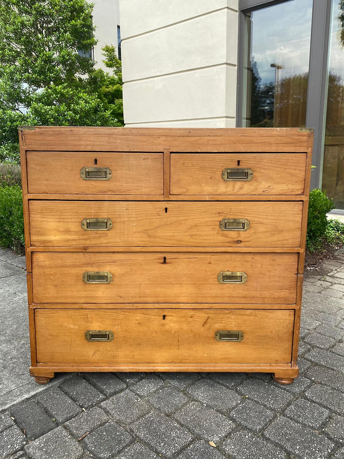 Circa 1880s-1890s English Pine Campaign chest of drawers
Unusual & hard to find form. Comes in two pieces.