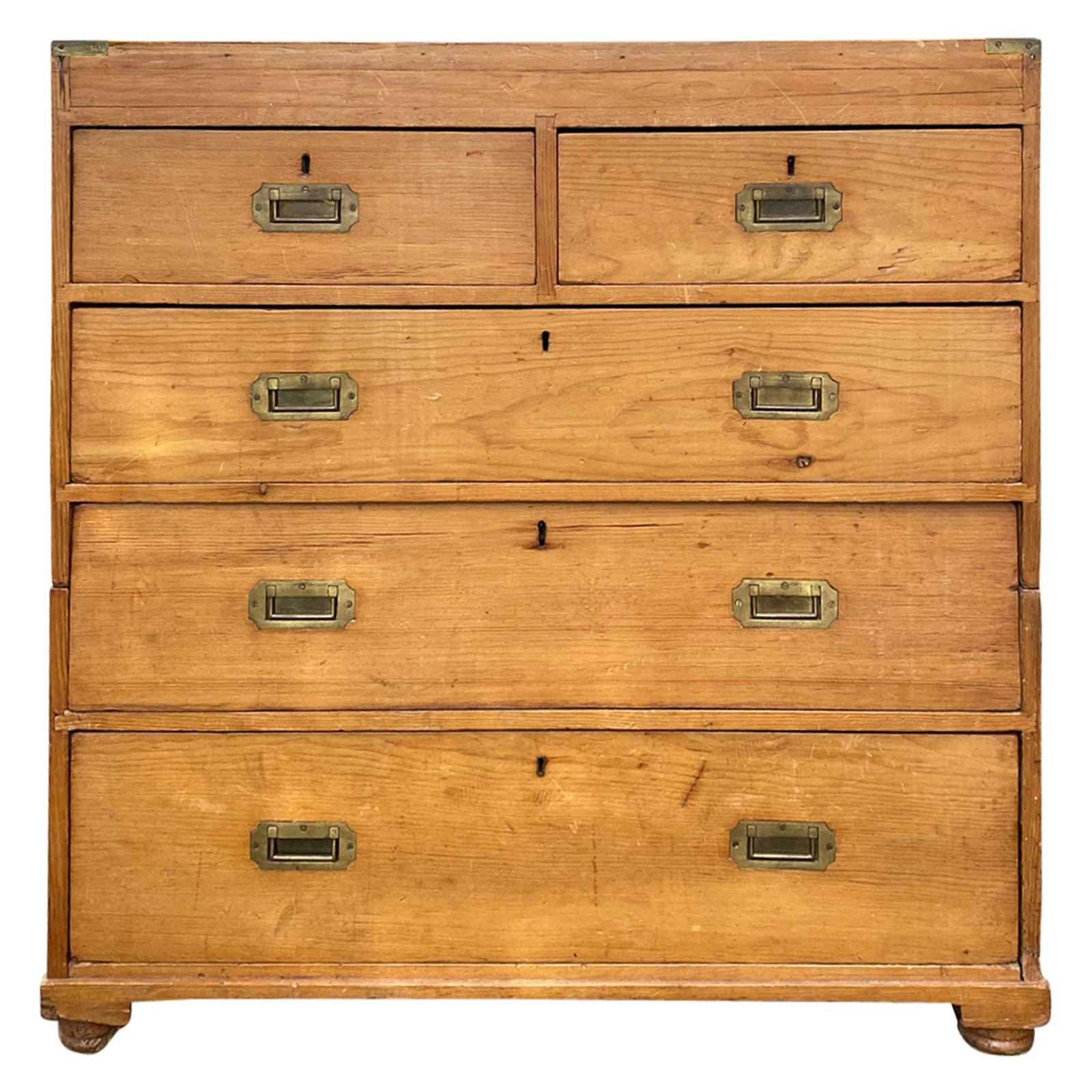 Circa 1880s-1890s English Pine Campaign Chest of Drawers For Sale