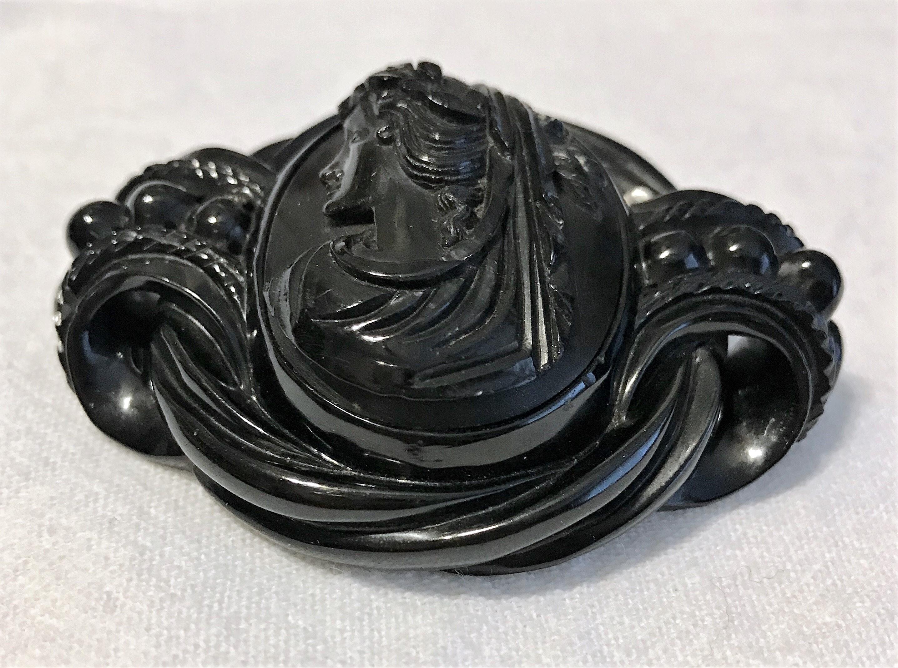 Victorian Circa 1880s Antique Whitby Jet Cameo Brooch