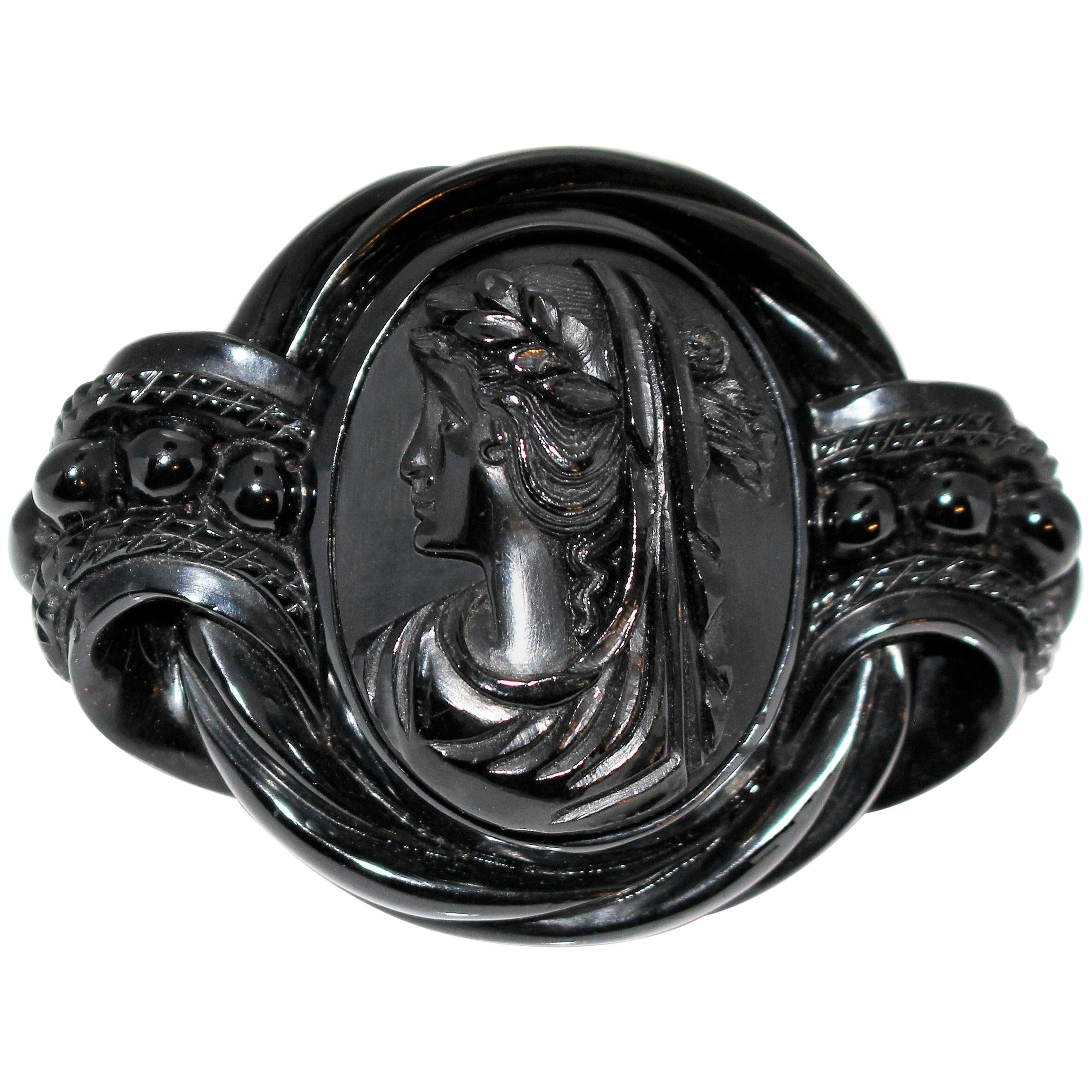 Circa 1880s Antique Whitby Jet Cameo Brooch