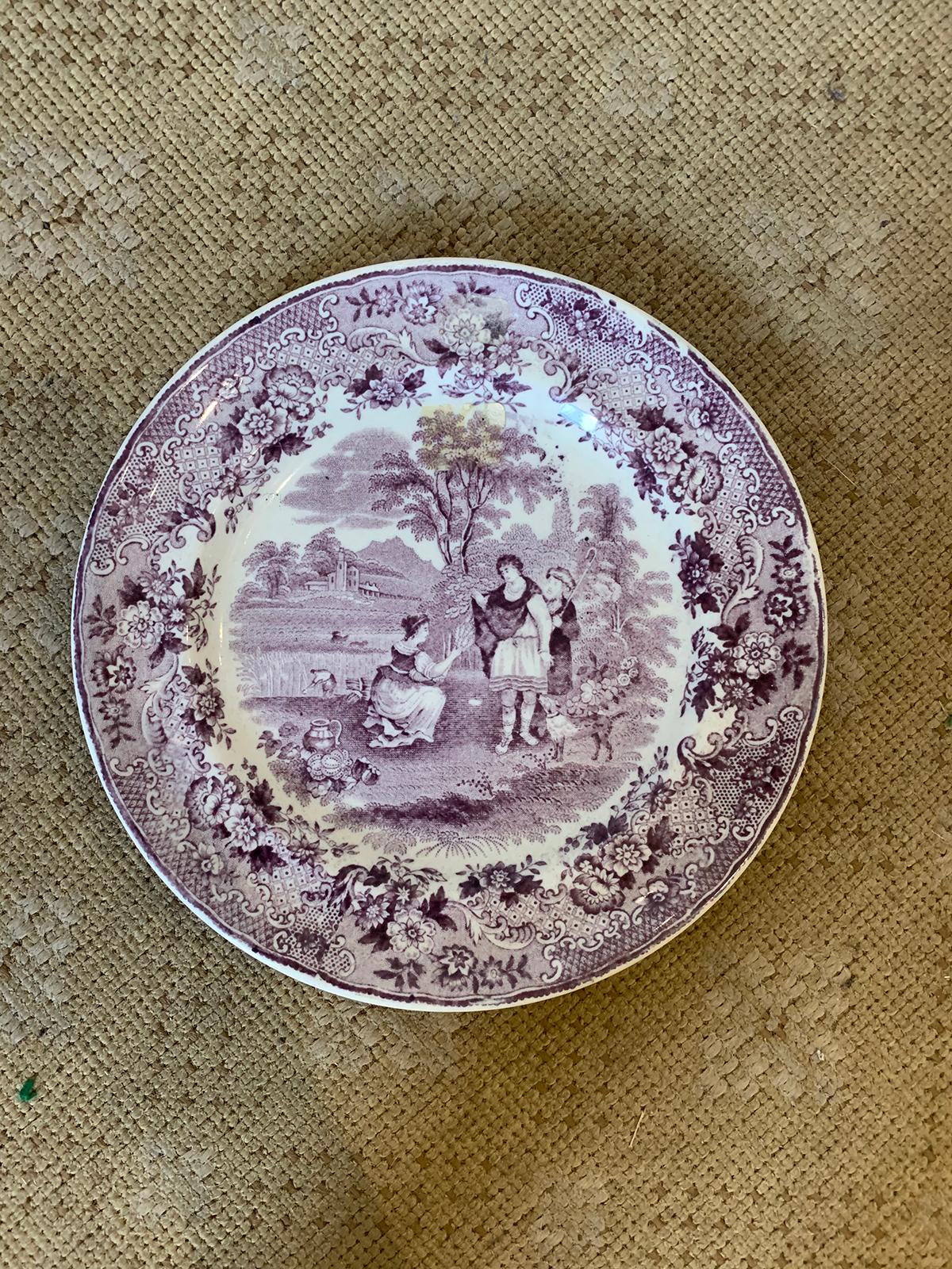 Late 19th century circa 1880s Dutch purple and white transferware pottery round plate in Ruth Boas Pattern by Petrus Regout & Co. Maastricht / Royal Spinx Factory, Marked.