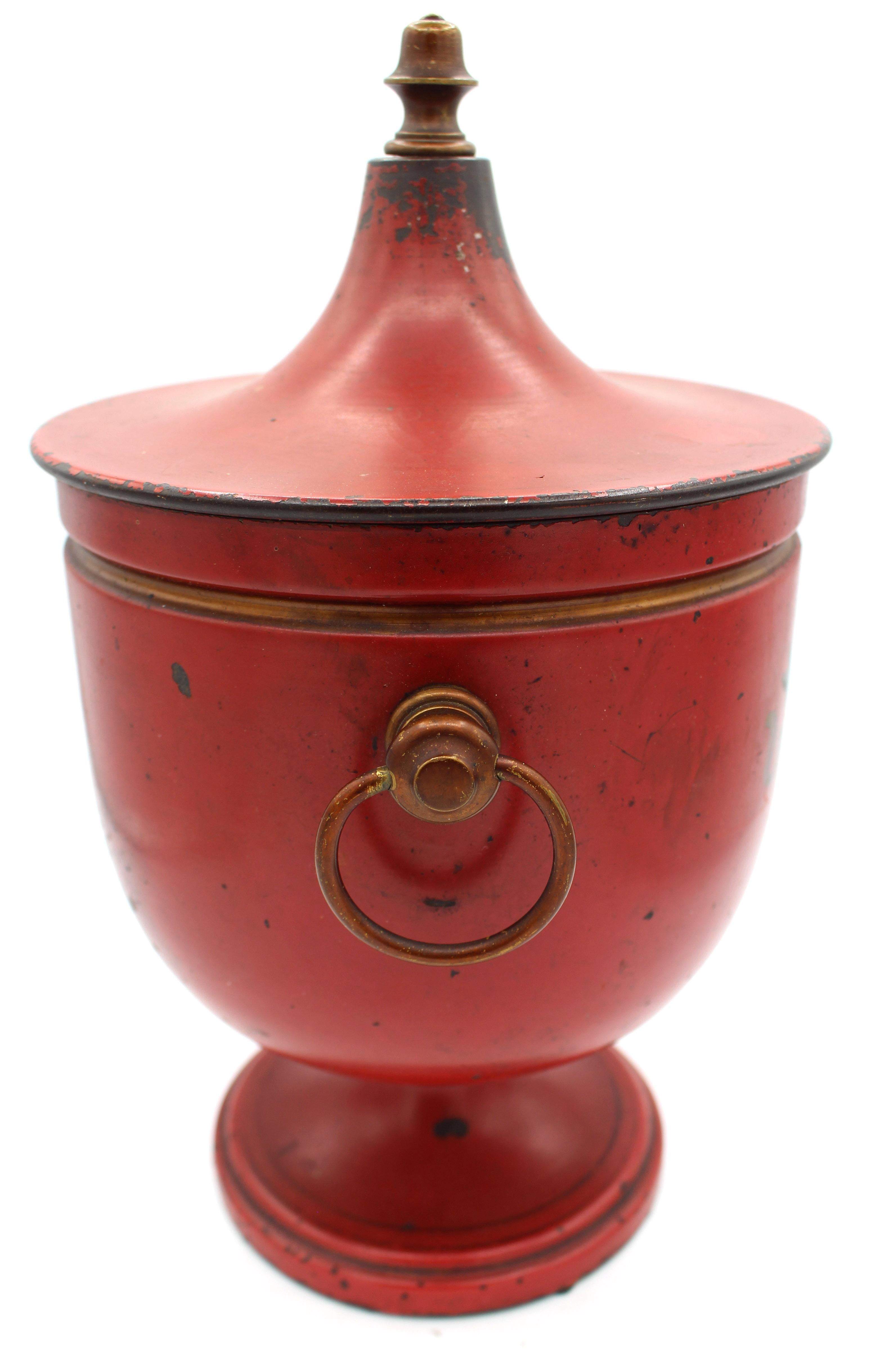 Circa 1880s French Scarlet & Gilt Tole Covered Urn In Good Condition For Sale In Chapel Hill, NC
