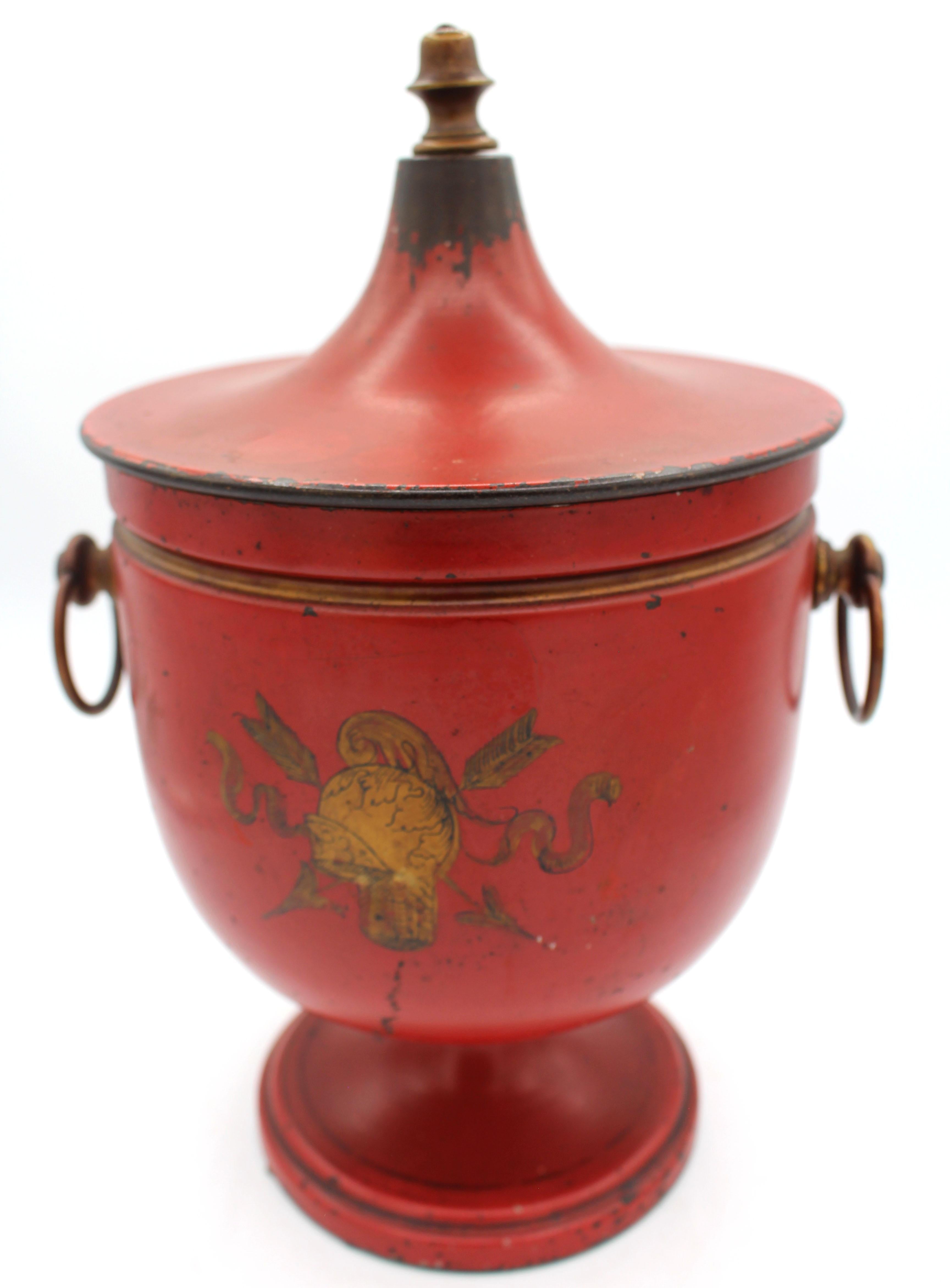 19th Century Circa 1880s French Scarlet & Gilt Tole Covered Urn For Sale