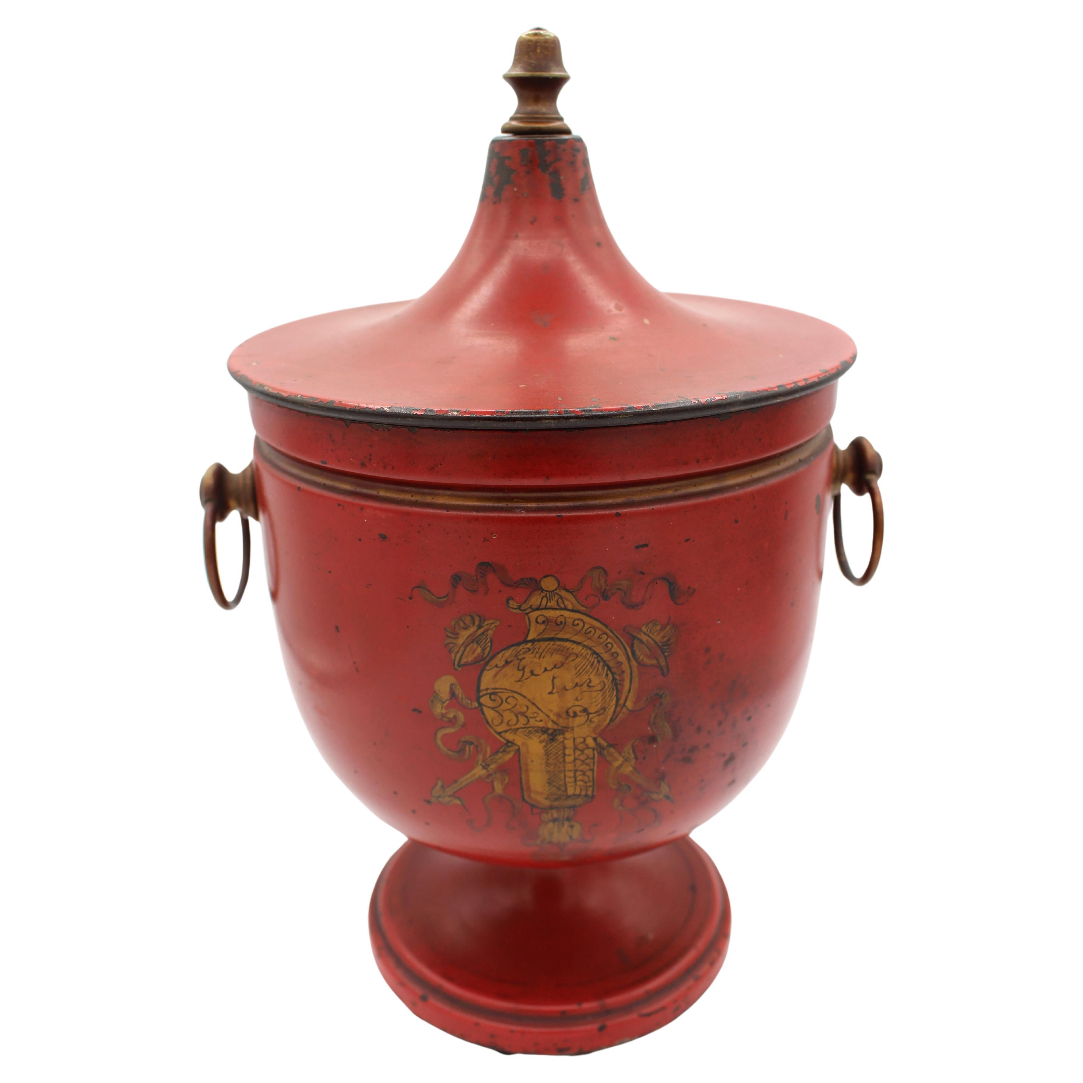Circa 1880s French Scarlet & Gilt Tole Covered Urn For Sale