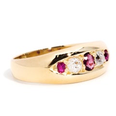 Circa 1880s, Old Mine Cut Diamond and Red Ruby Vintage 18 Carat Gold Band