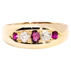 Circa 1880s, Old Mine Cut Diamond and Red Ruby Vintage 18 Carat Gold Band
