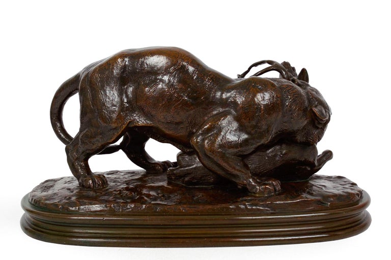 This superb bronze model is a reduction of the monumental stone carving by Barye in 1835 purchased by the French government the following year and and placed in the permanent collection of the Musée des Beaux-Arts in Lyons. It is the culmination of