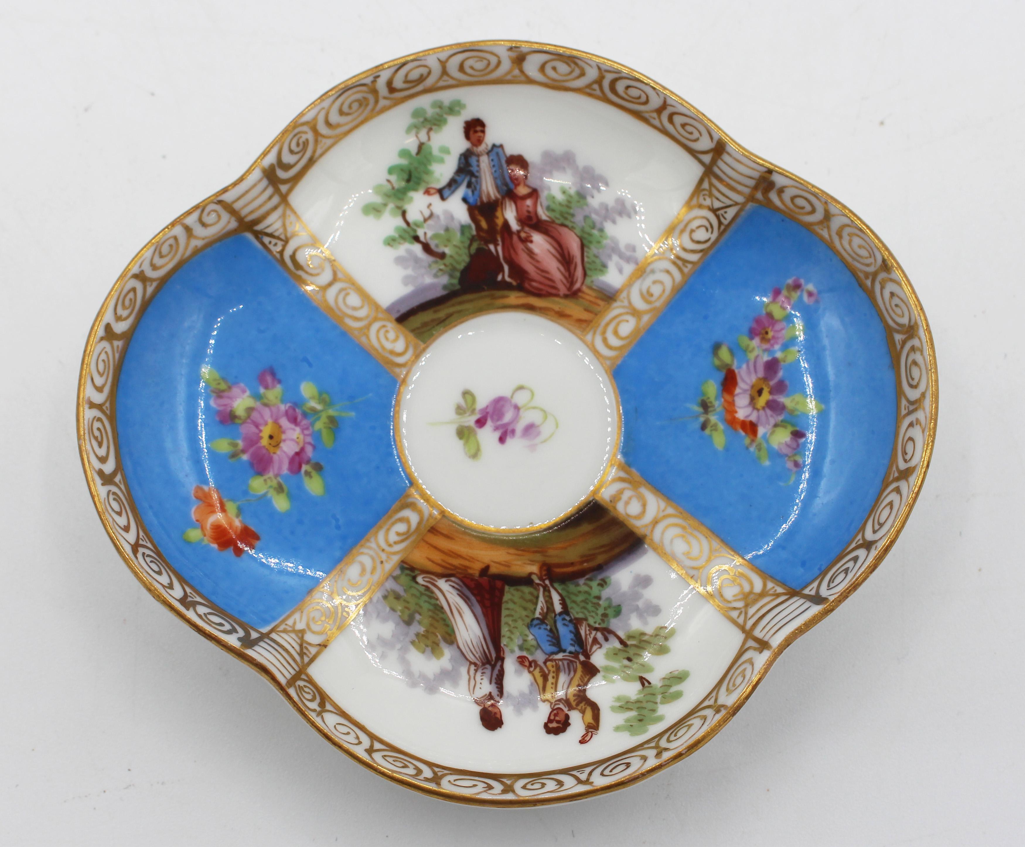 Hand-Painted Circa 1888-1916 Richard Klemm, Dresden Quatrefoil Demitasse Cup & Saucer For Sale