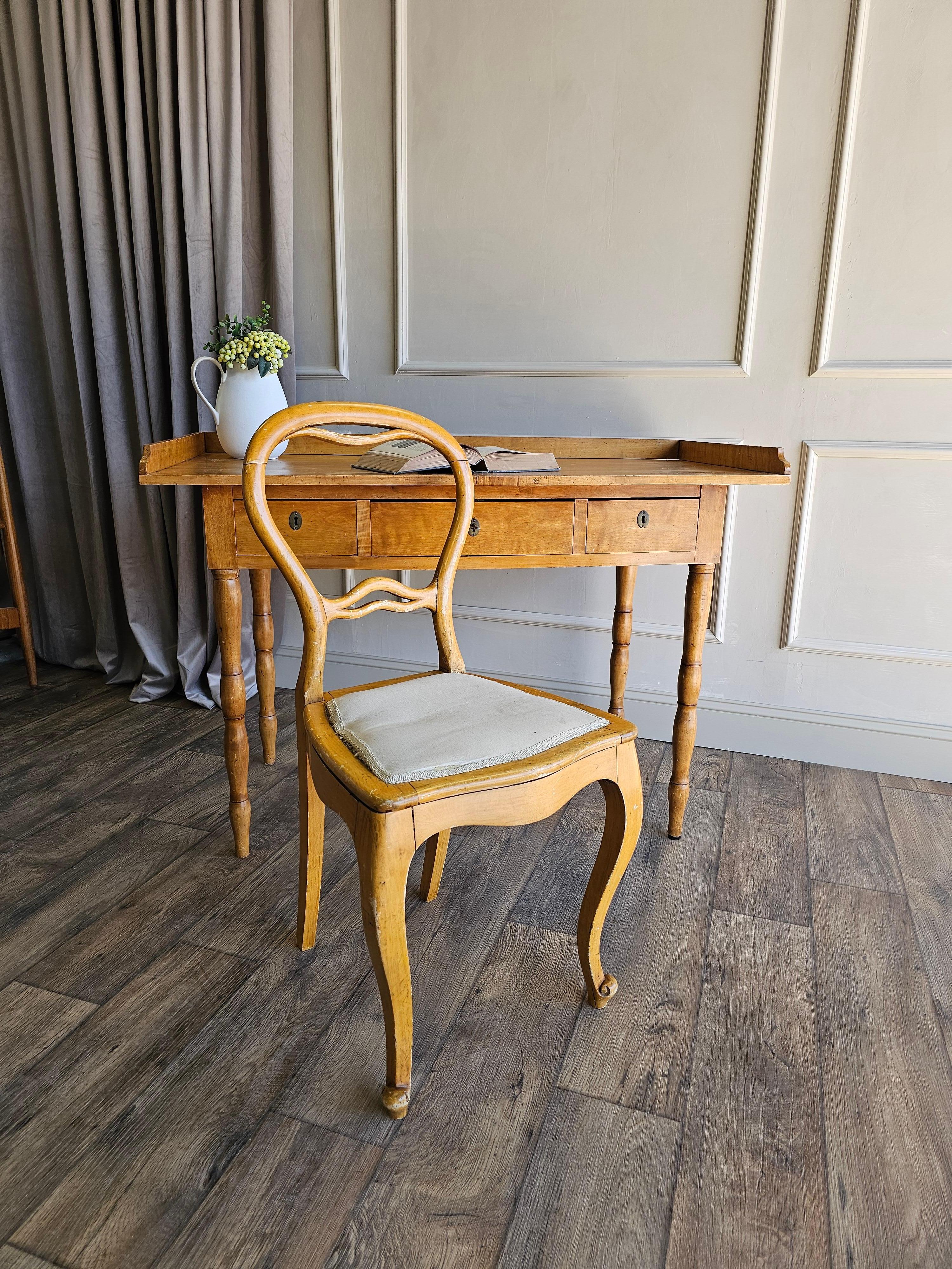 Gustavian Circa 1888 Antique Swedish Writing Desk in Birch with Matching Ballon Back Chair