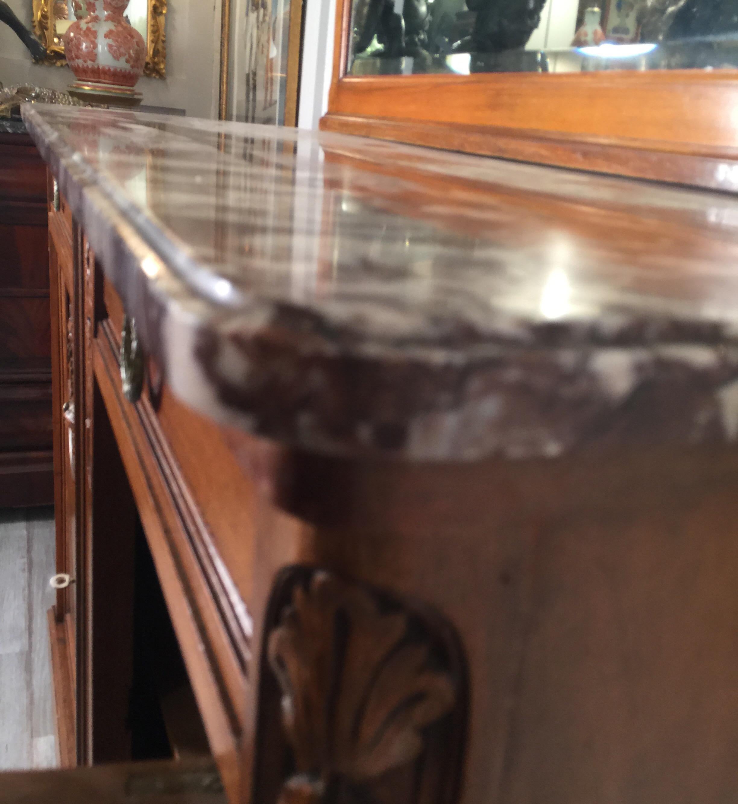 French Carved Walnut Two-Door Marble-Top Server with Mirrored Back 9
