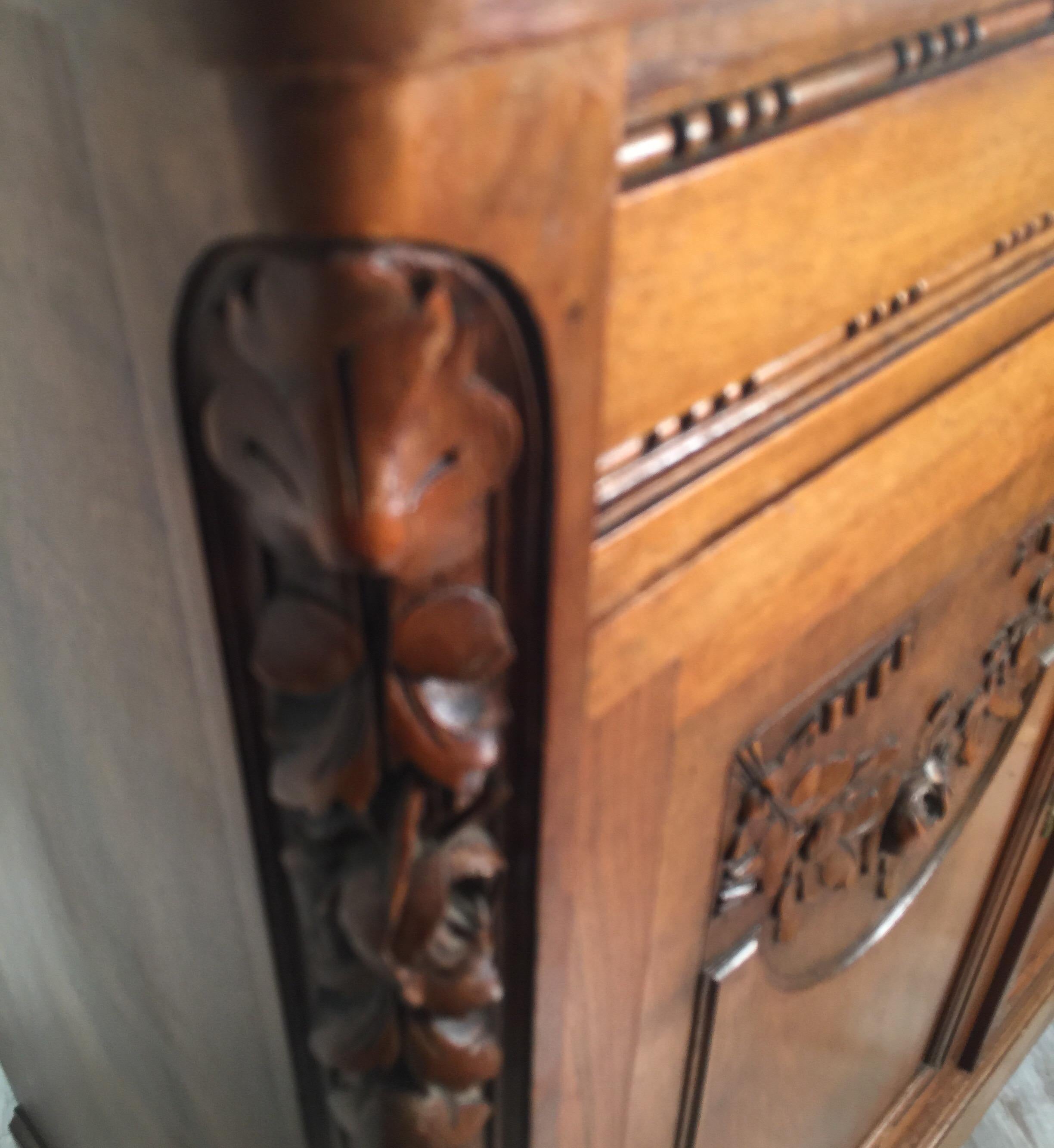 French Carved Walnut Two-Door Marble-Top Server with Mirrored Back 15