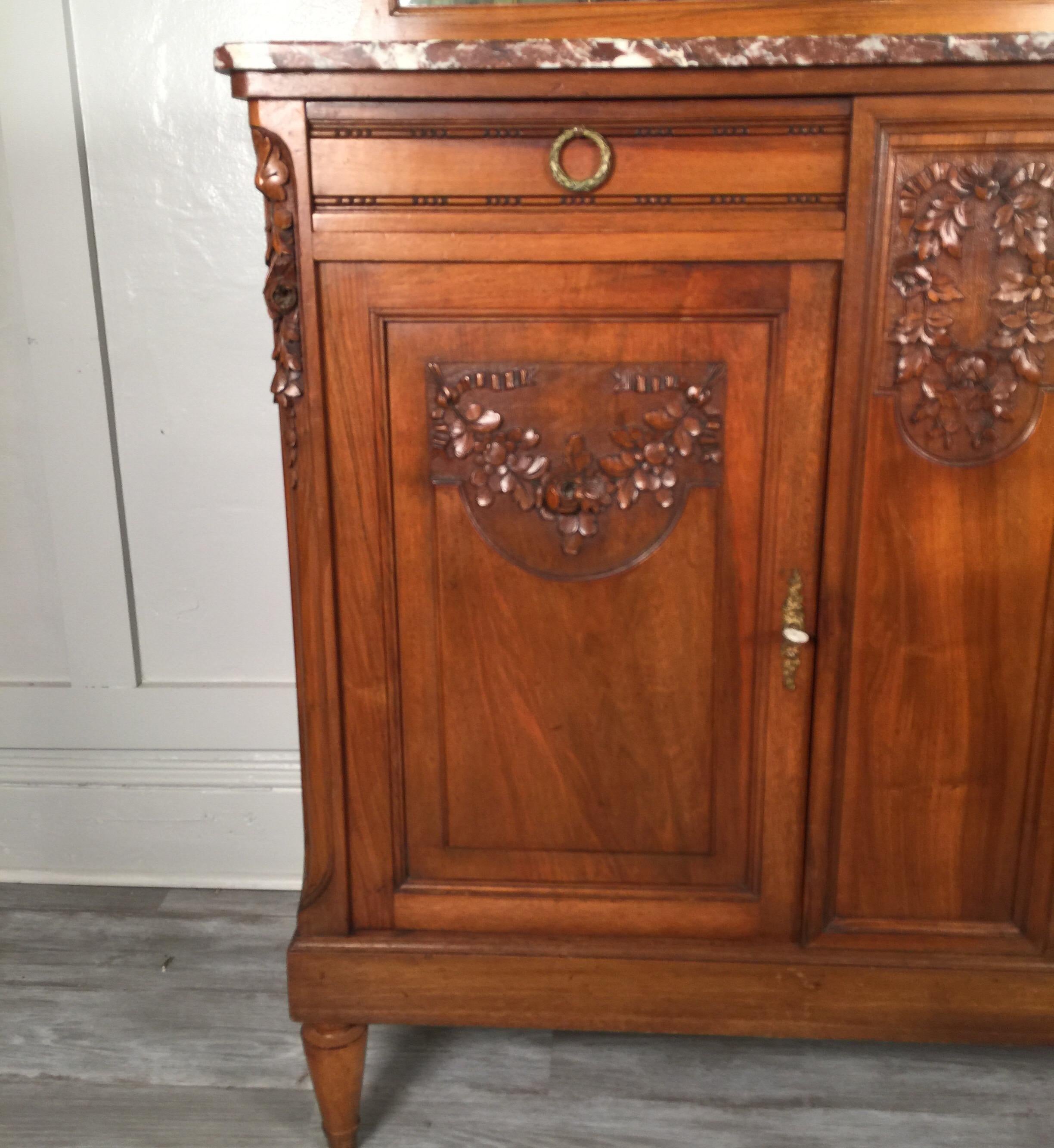 Late 19th Century French Carved Walnut Two-Door Marble-Top Server with Mirrored Back