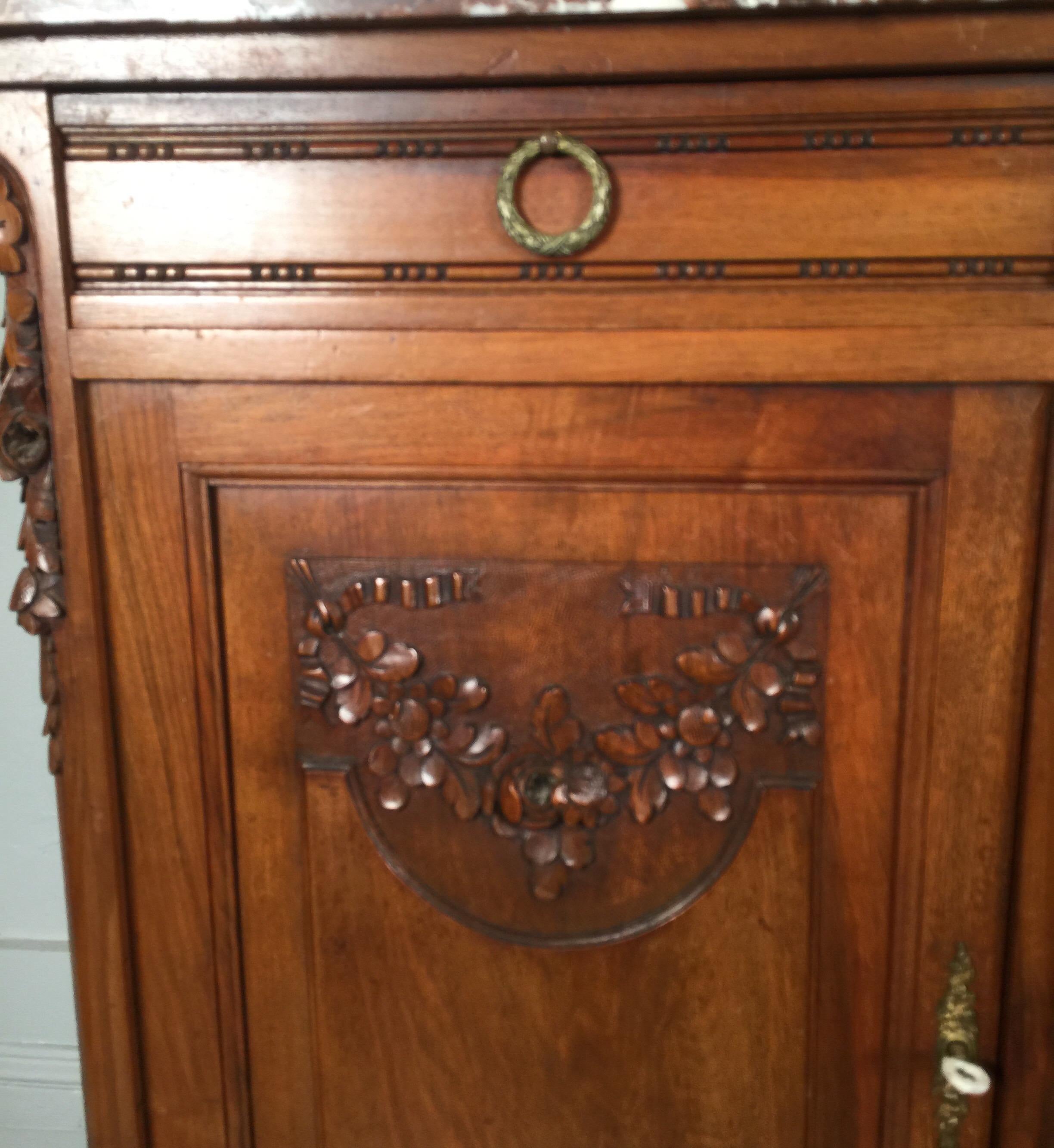 French Carved Walnut Two-Door Marble-Top Server with Mirrored Back 2