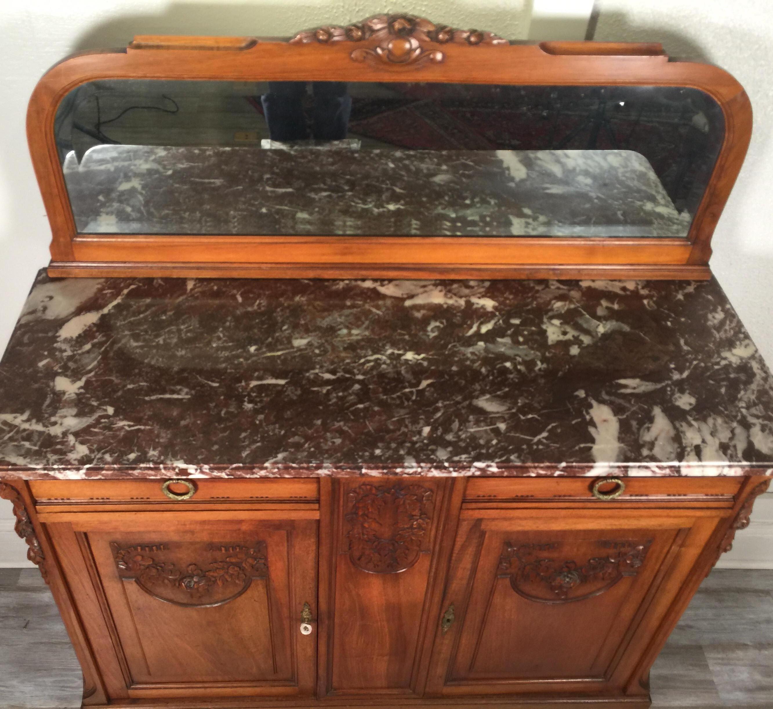French Carved Walnut Two-Door Marble-Top Server with Mirrored Back 4