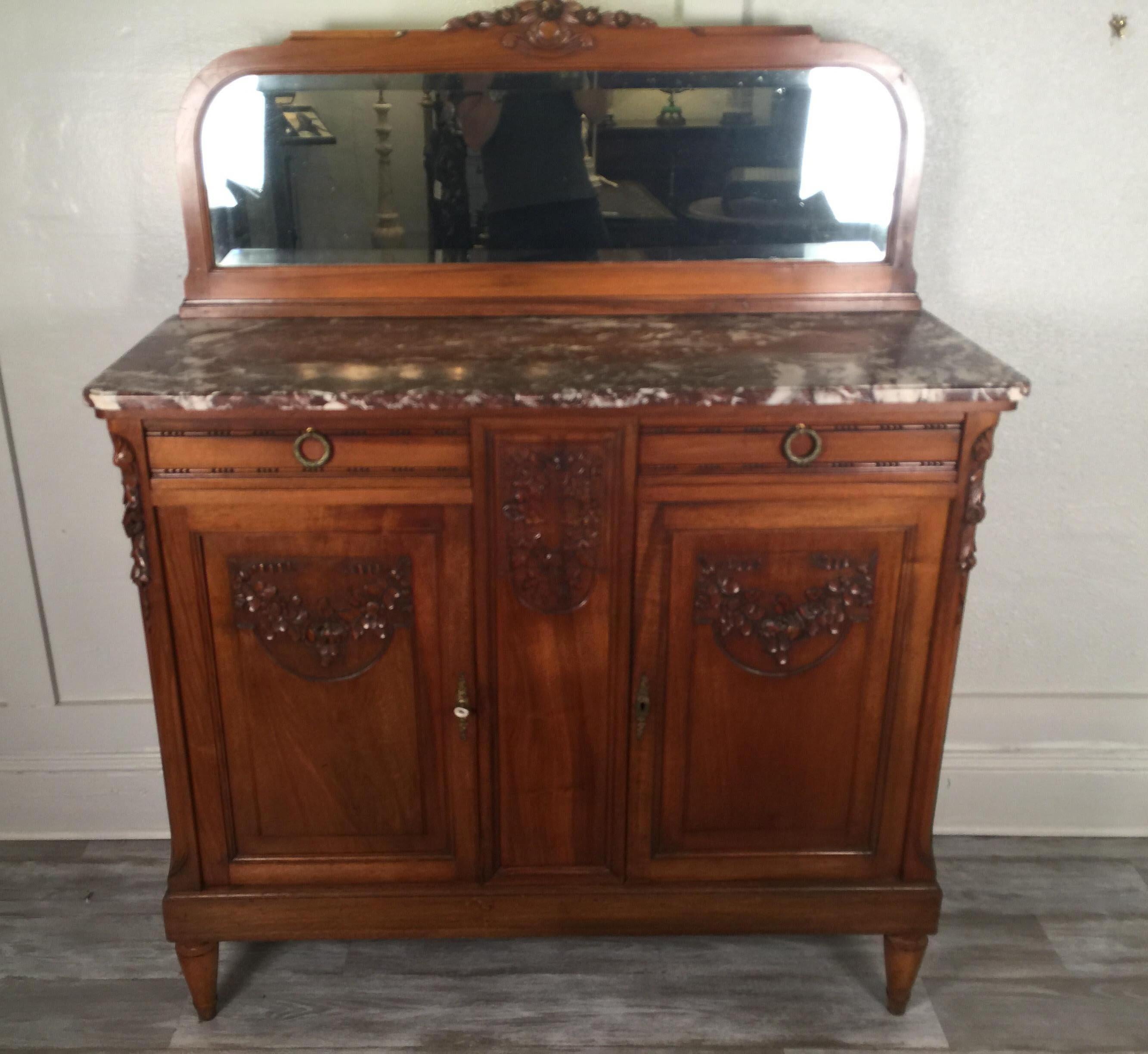 French Carved Walnut Two-Door Marble-Top Server with Mirrored Back 5