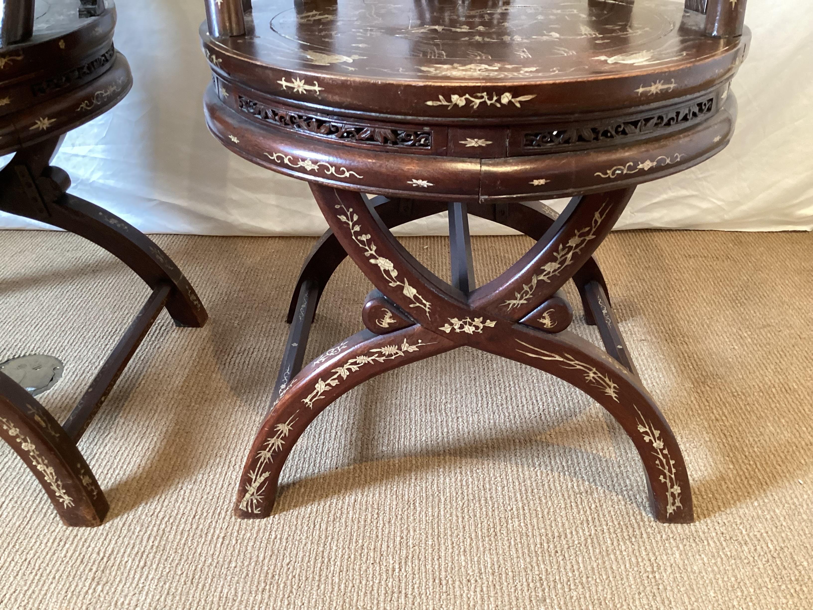 Circa 1890-1900 Hand Carved and Inlaid Asian Arm Chairs Depicting a Village For Sale 3