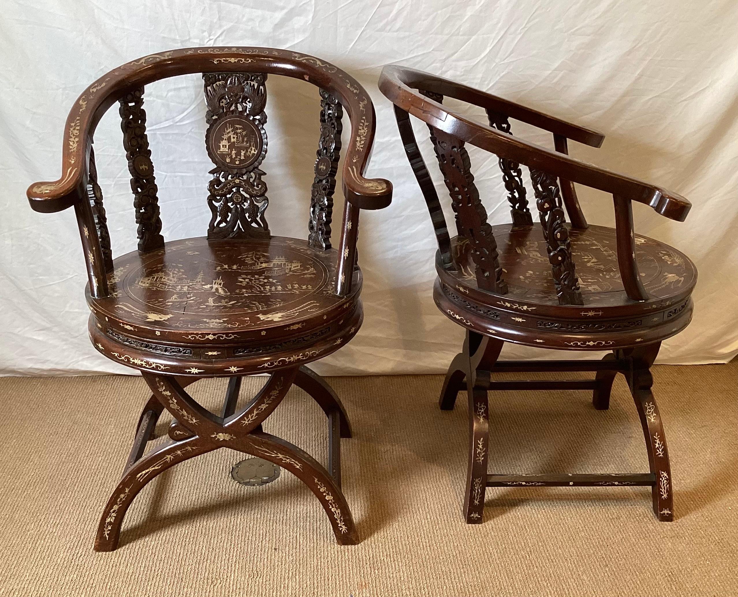 Chinoiserie Circa 1890-1900 Hand Carved and Inlaid Asian Arm Chairs Depicting a Village For Sale