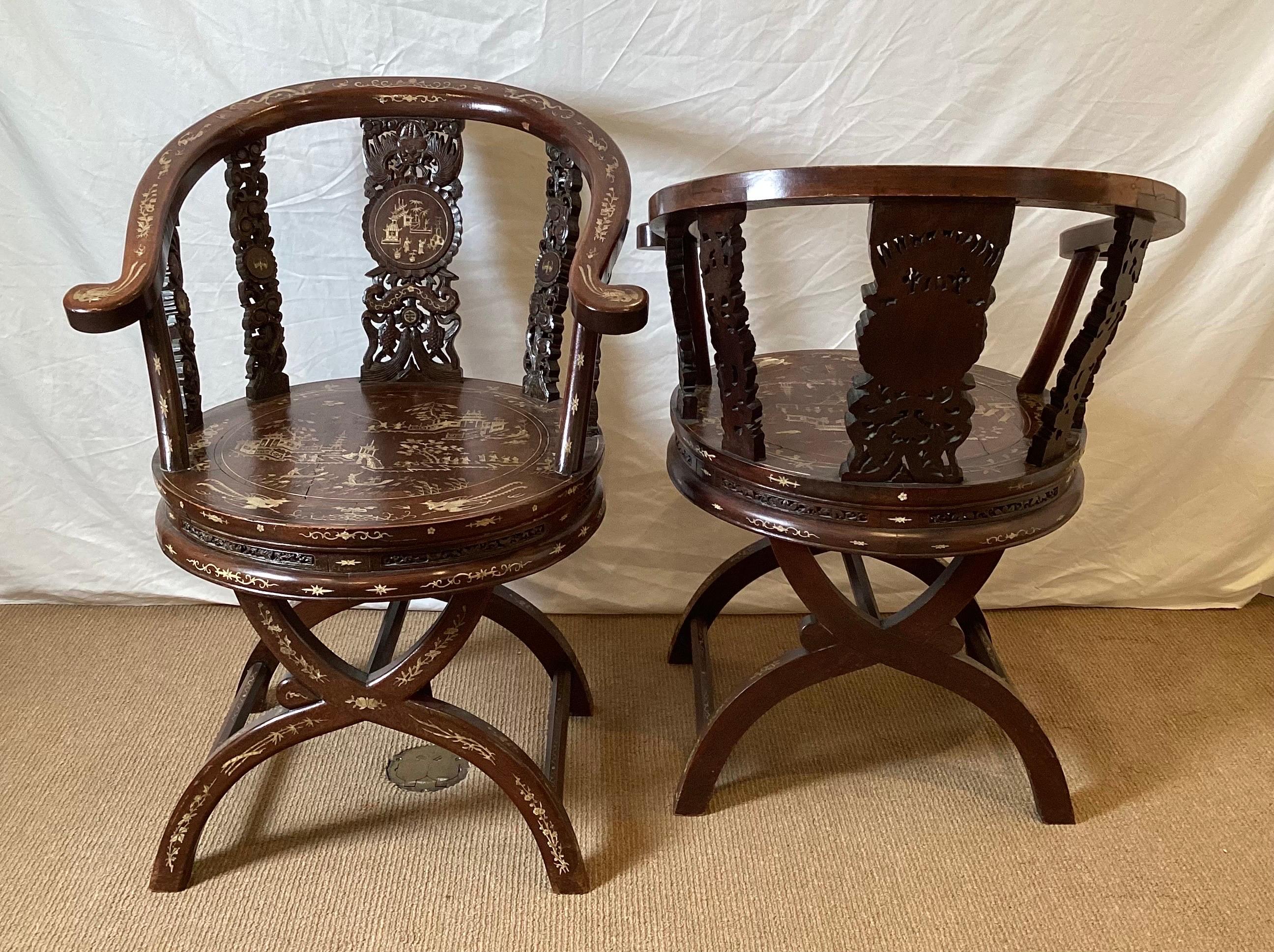 Inlay Circa 1890-1900 Hand Carved and Inlaid Asian Arm Chairs Depicting a Village For Sale