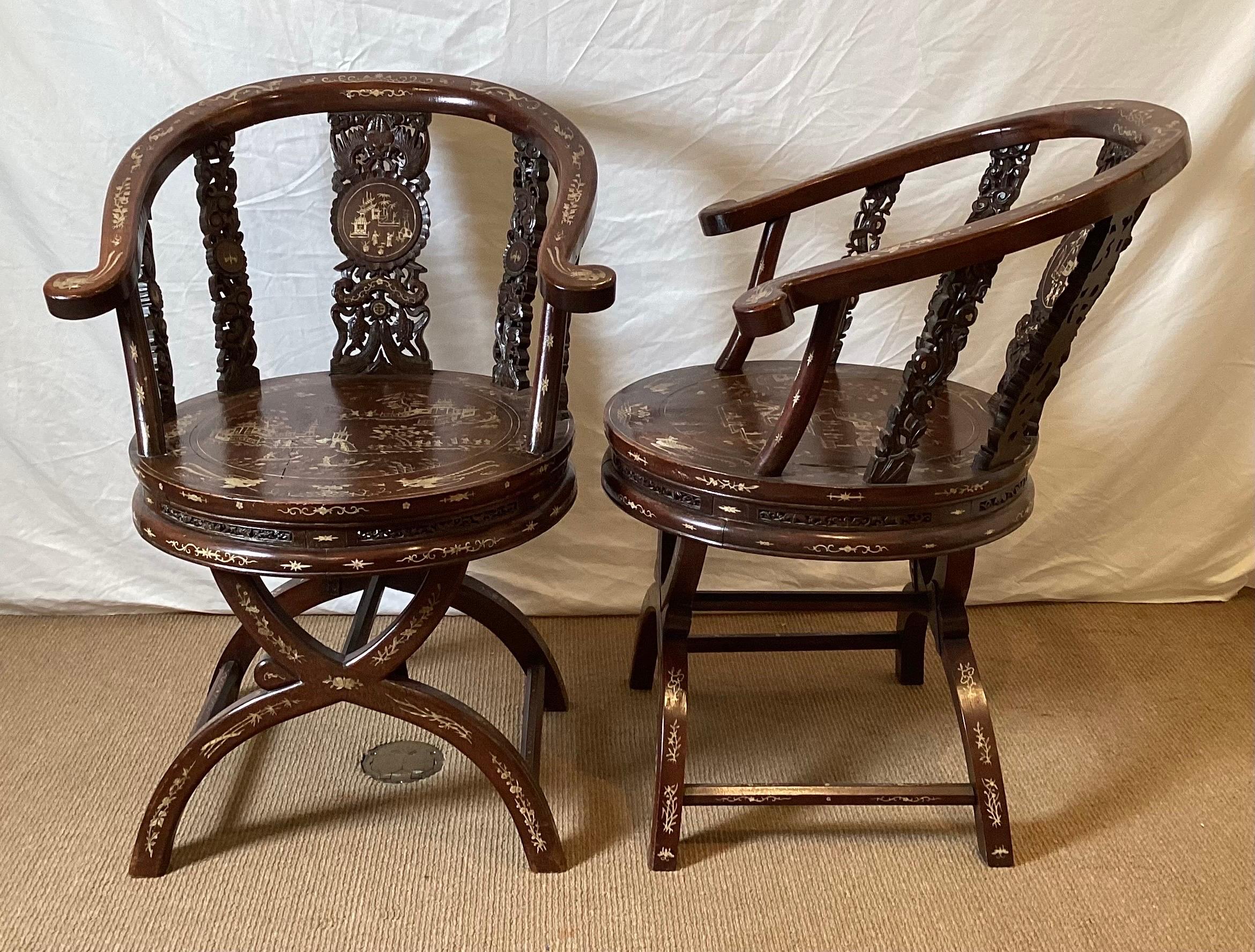 Circa 1890-1900 Hand Carved and Inlaid Asian Arm Chairs Depicting a Village In Good Condition For Sale In Lambertville, NJ