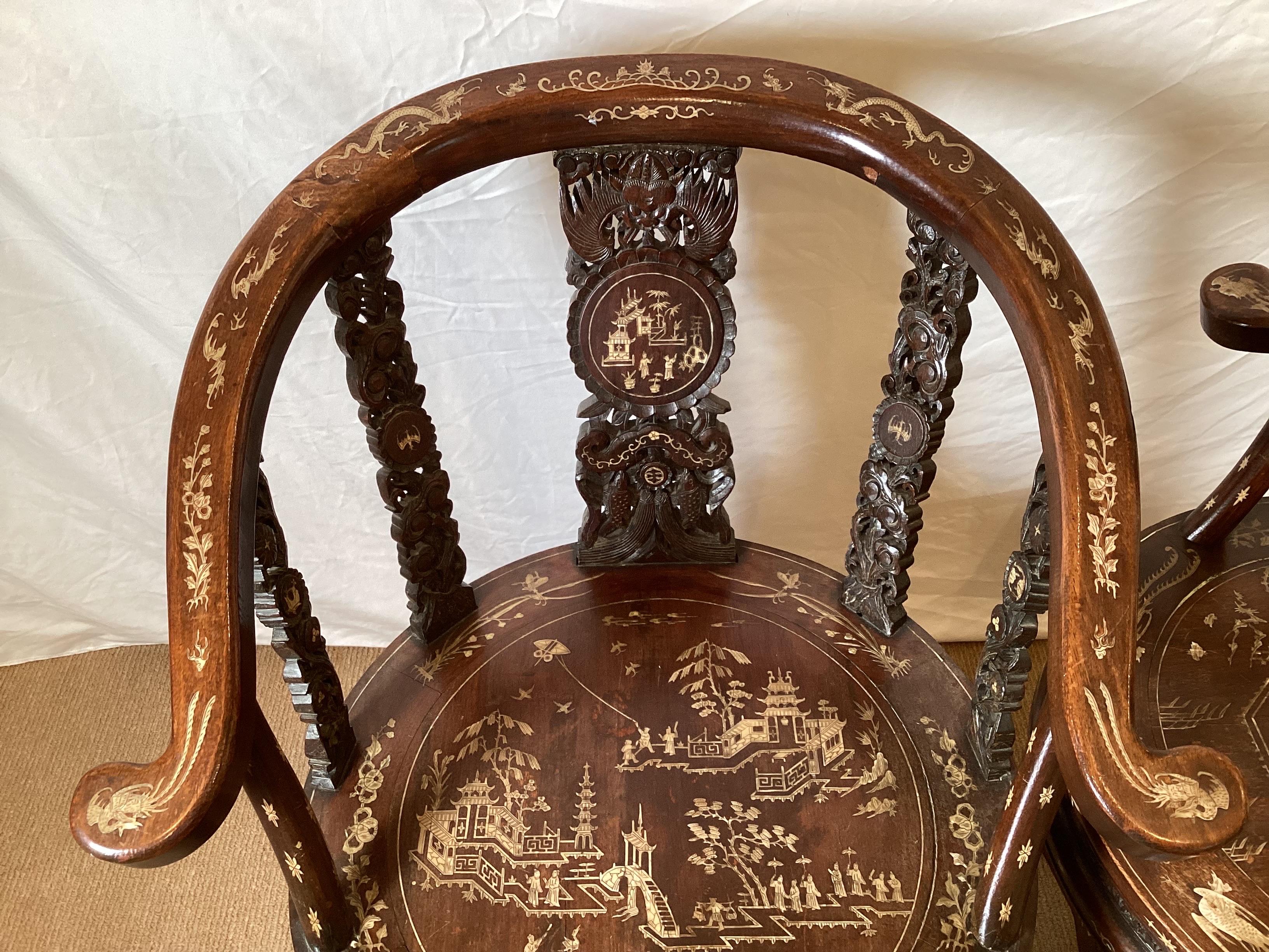 Late 19th Century Circa 1890-1900 Hand Carved and Inlaid Asian Arm Chairs Depicting a Village For Sale