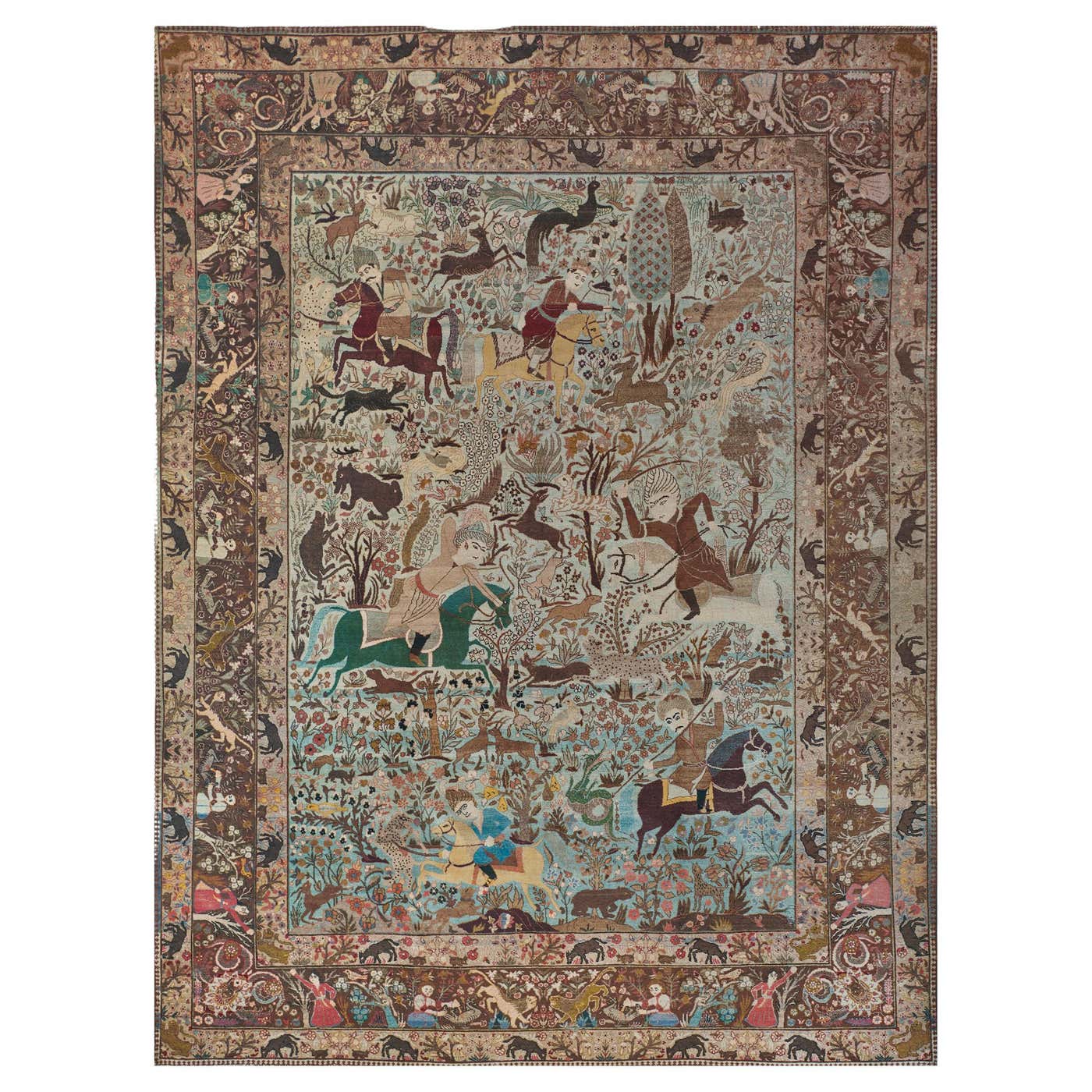 Circa 1890 Antique Tabriz Hunting Scene Rug For Sale at 1stDibs
