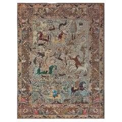 Circa 1890 Tapis antique Tabriz avec scène de chasse